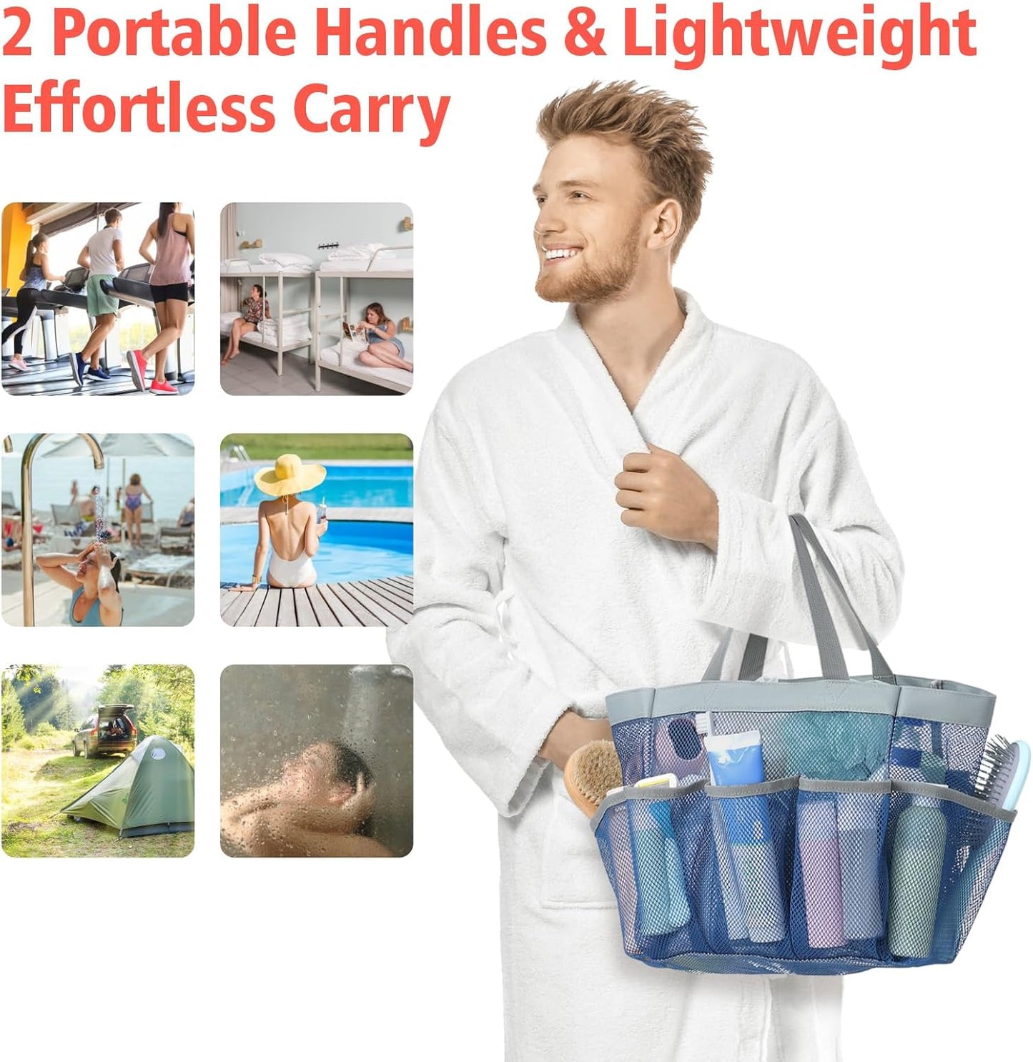 F-color Mesh Shower Caddy Portable - 2 Handles Upgrade Deeper 7 Pockets Basket Bag Tote for College Dorm Room Toiletry Bathroom Essentials Gym Camp Quick Dry with S Hook, 2 Pack Blue