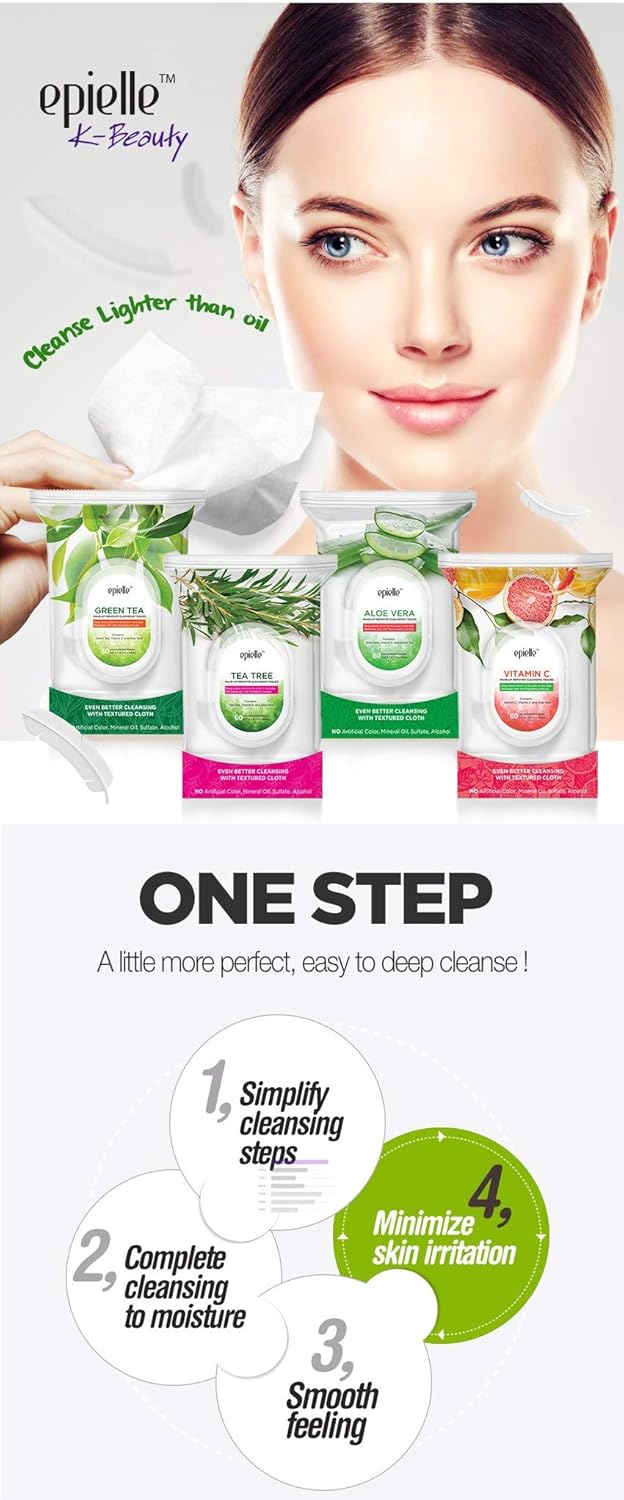 Epielle Green Tea Makeup Remover Wipes, Gentle Daily Facial Cleanser Towelettes, Remove Dirt, Oil & Waterproof Mascara, Hypoallergenic & Alcohol-Free, 60 Count (Pack of 2)