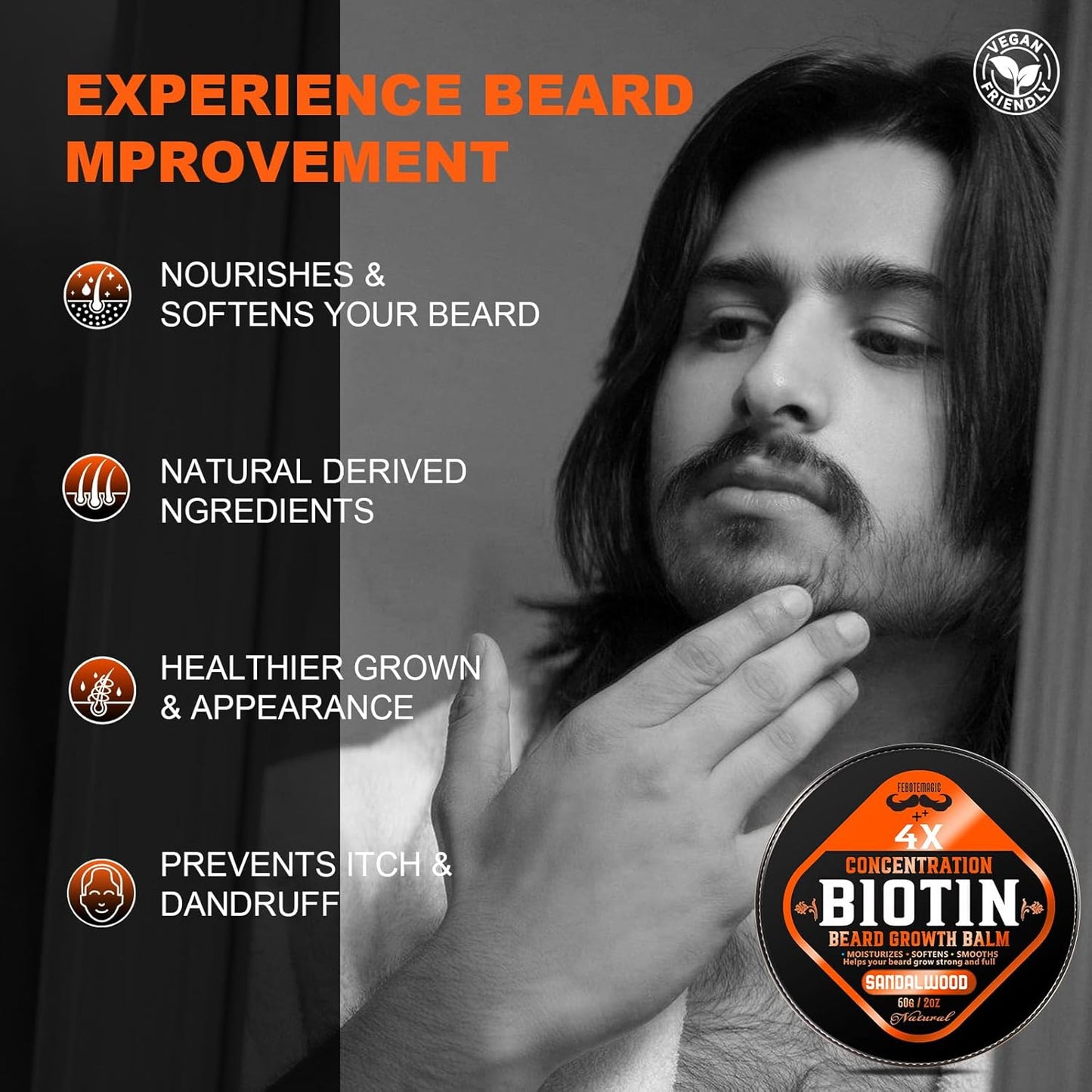 Biotin Beard Growth Balm for Men – Conditioning Balm with Castor, Shea & Jojoba Oils to Condition, Soften & Thicken Facial Hair – Non-Greasy, Sandalwood Scent – 2 oz Grooming Kit