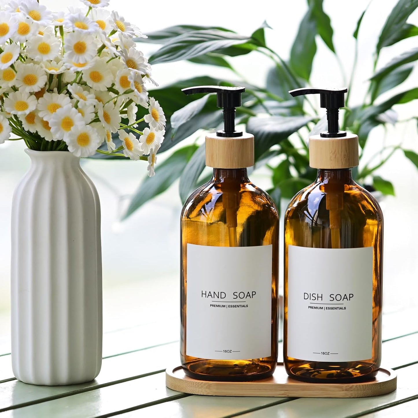 Luxury Glass Soap Dispenser Set - 2 Refillable 16.9oz Bottles, Bamboo Pump & Tray for Farmhouse & Modern Decor, 9 Waterproof Labels for Kitchen/Bathroom (Amber Bottle+Black Bamboo Pumps+Tray)