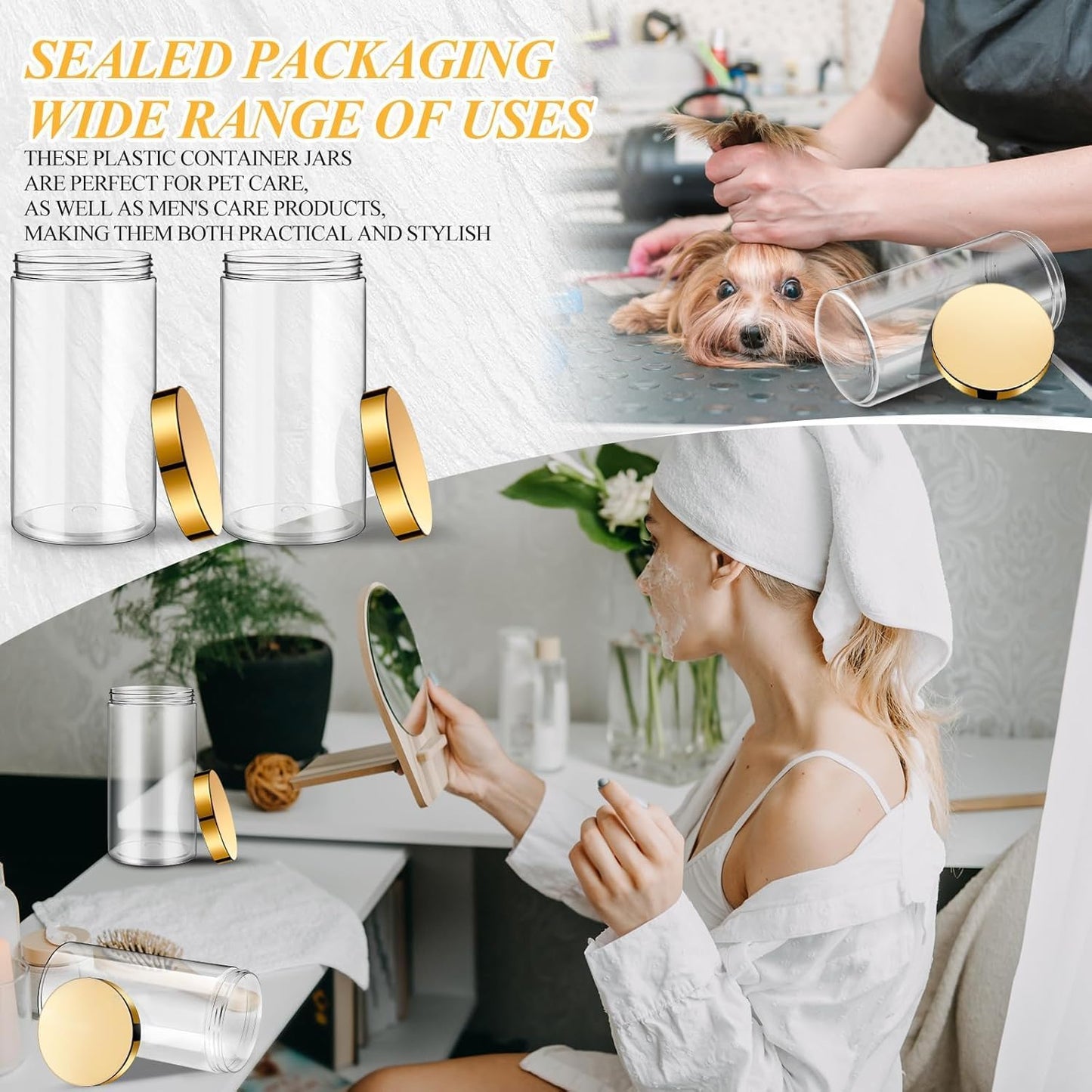 SATINIOR 12 Pack 32 oz Plastic Container Jars with Lids Round Clear Travel Cosmetic Container Slime Jars for Toiletries, Lotion, Cream, Ointments, Makeup, Rhinestone, Samples, Kitchen Storage(Gold)