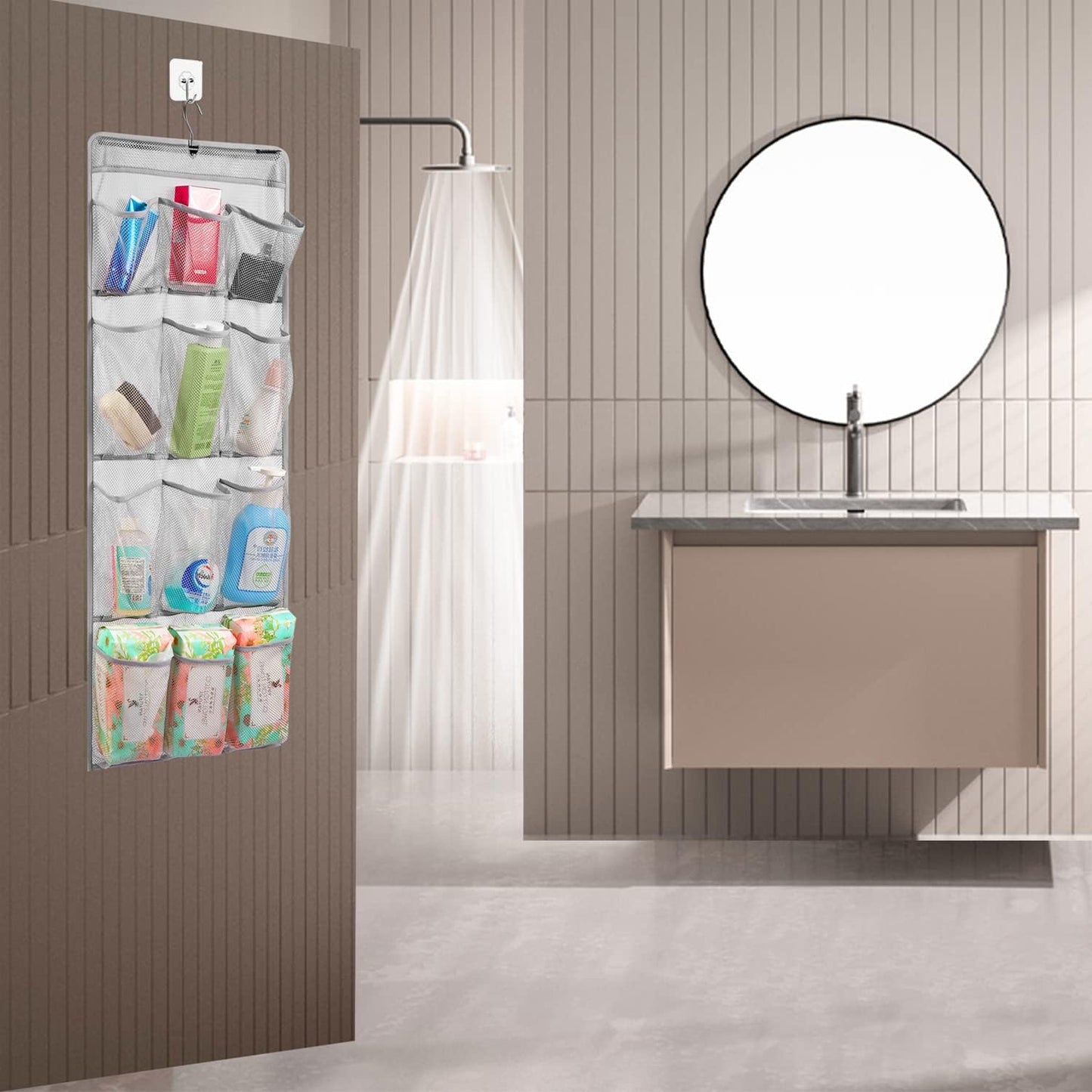 Mesh Shower Organizer Hanging Caddy Quick Dry Bathroom Storage for Toiletry Accessories with Rotating Hanger (12 Pockets)
