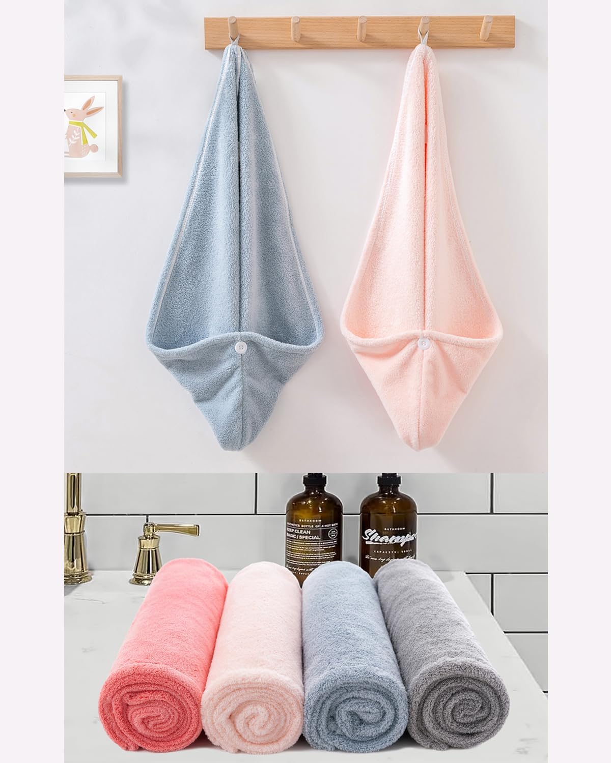 Bath Pre Dry Hair Towel 4-Piece Set Quick Dry Extra Absorbent Lightweight Turban with Button Hair Drying Wrap Bathroom Girl Friend Family Mom Gift