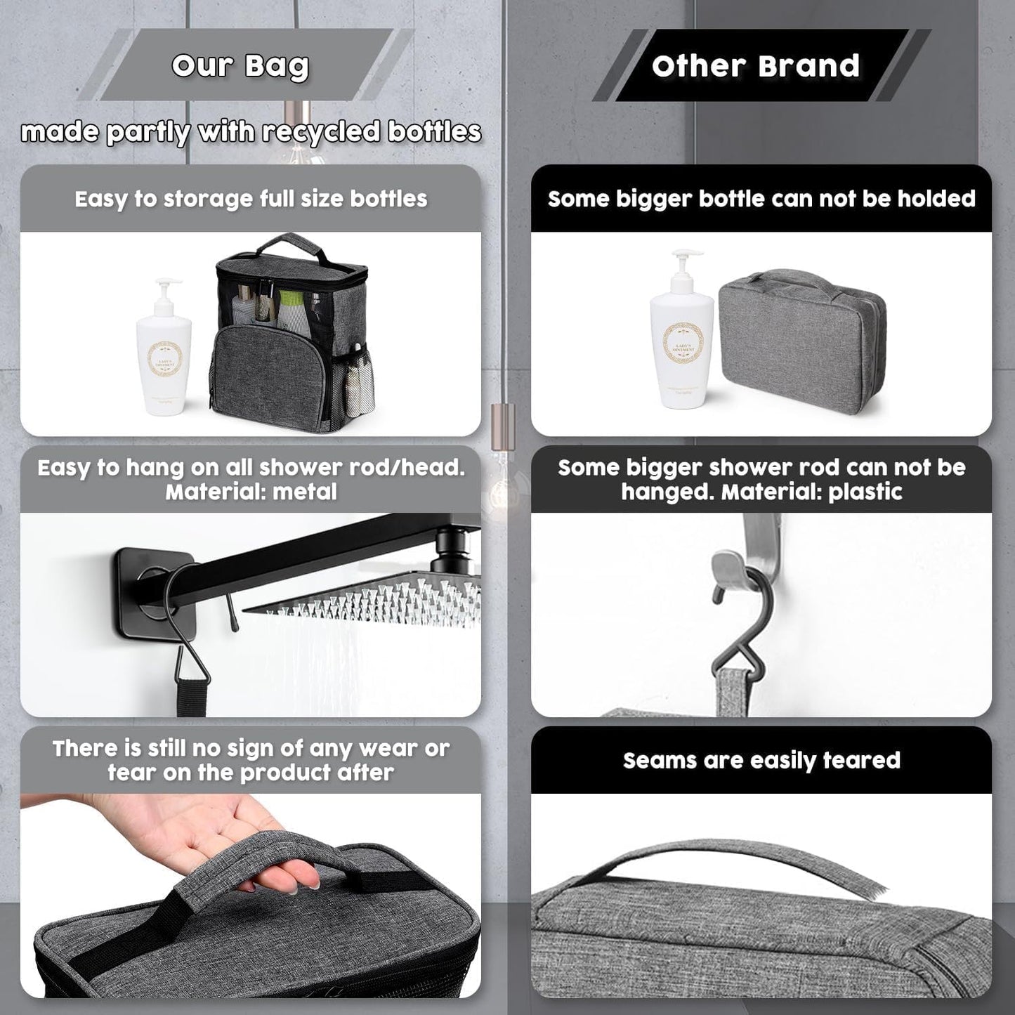 Shower Caddy Hanging Portable-Dorm Room Essentials,Waterproof Shower Bag Travel, Quick Dry- Metal Hooks Bathroom Tote Durable,Men,Women