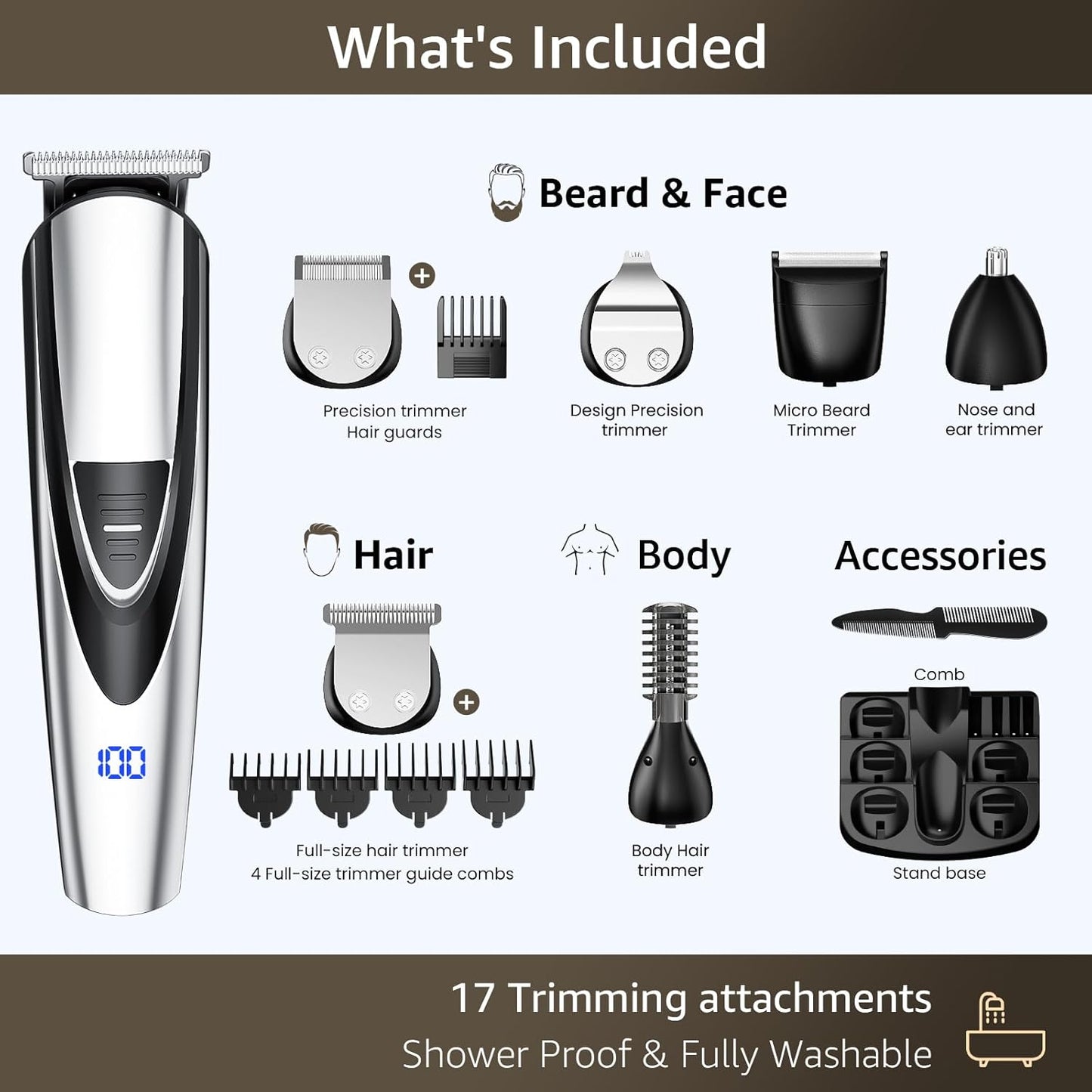 SHPAVVER Electric Beard Trimmer for Men: 16-in-1 Professional Barber Hair Clippers - Cordless Grooming Kit - Turbo Speed & Precision Blades, Silver
