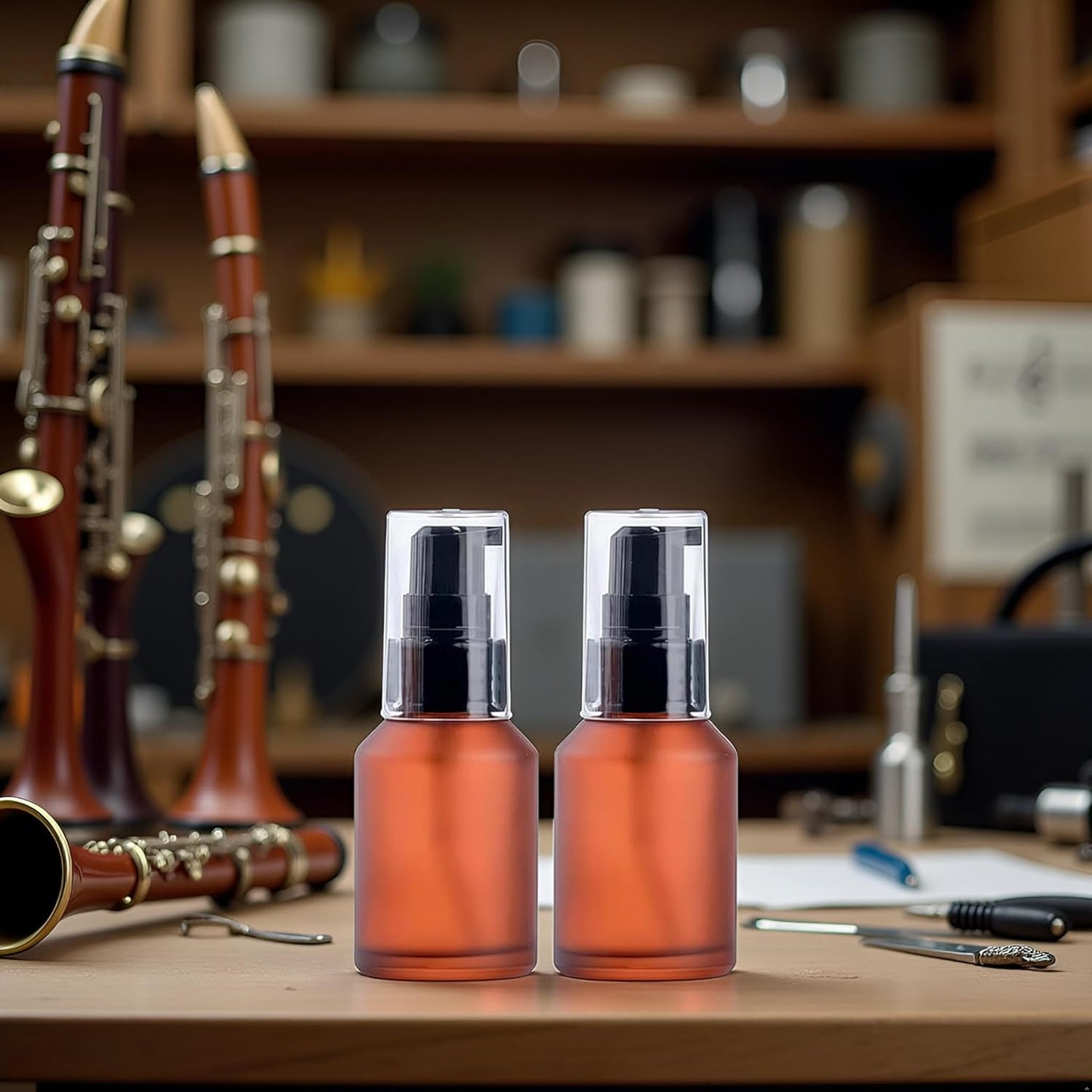 2 Pcs 30ML Brown Refillable Glass Lotion Pump Bottle, Cosmetic Sample Container with Black Plastic Pump Head - Ideal for Creams, Serums, Emulsions, Travel Packing, and Beauty Gels, Pump Dispensers