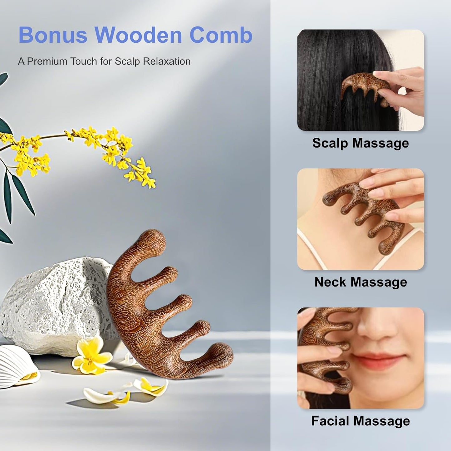 Head Massager with Eye Mask for Fatigue Relief, 4 Modes, 2 Heat Settings, Bluetooth-Capable, Rechargeable,Ideal for Rest & Relaxation, Gift Wooden Comb, Portable, Gifts for Family and Friends