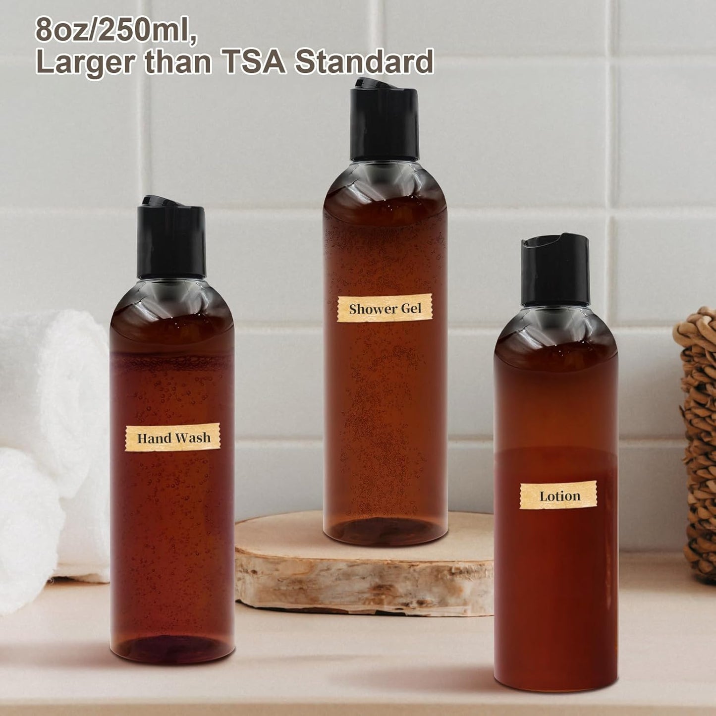 2 Pack 8 oz Amber Plastic Squeeze Bottles with Black Disc Caps Refillable Empty Travel Containers Bottles for Shampoo Conditioner Toiletries Lotions Oils BPA Free