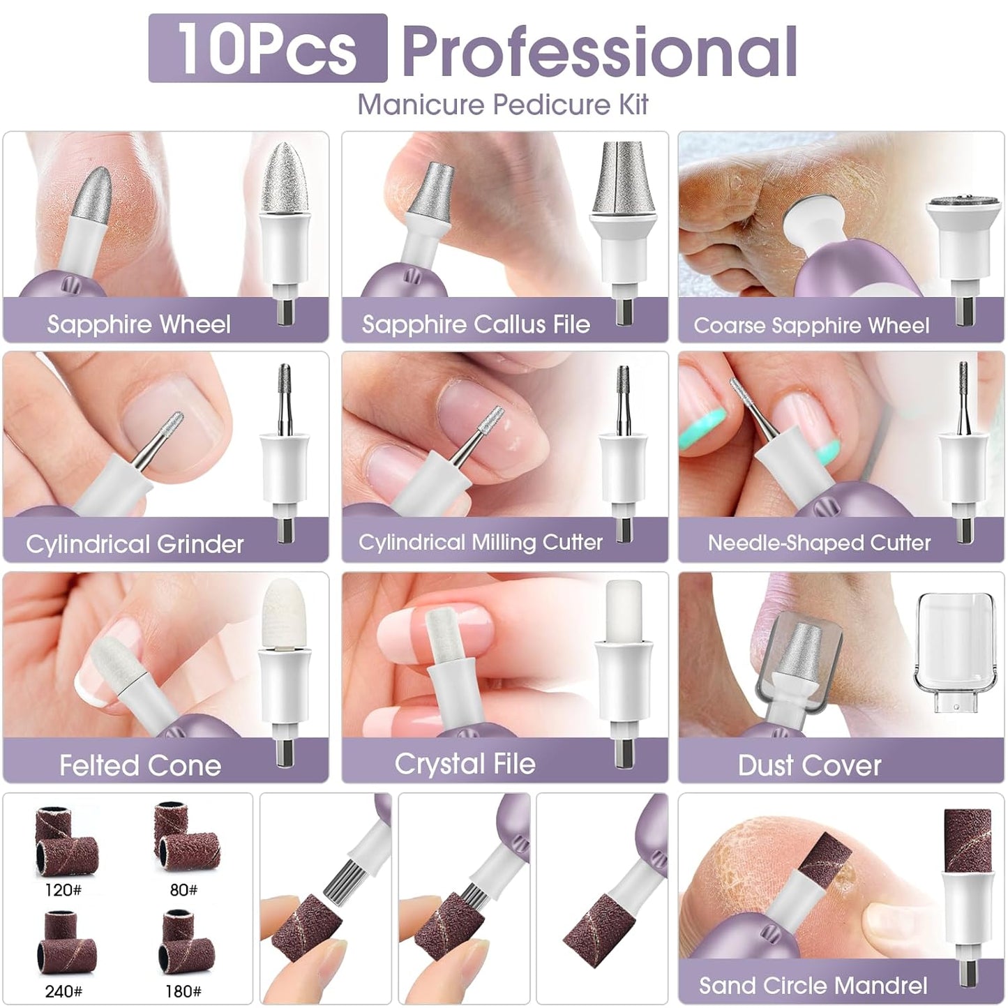 Professional Manicure Pedicure Kit with Case, Cordless Electric Nail File Set with Memory Mode&10 Speed, Portable Nail Drill Pedicure Tools for feet, Hand Foot Care Tool for Thick Nail Toenail Cuticle