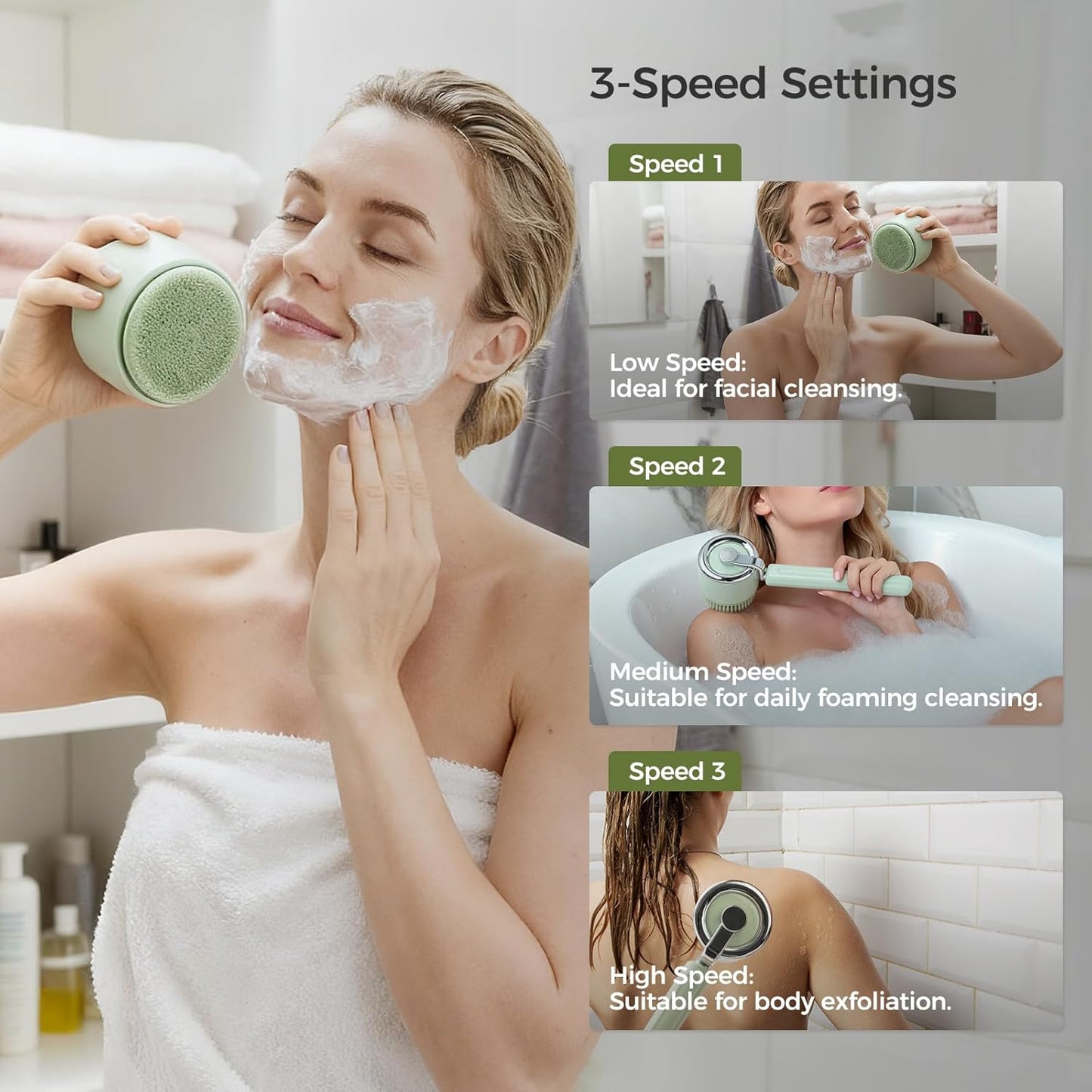 Bath Brush Electric Back Scrubber for Shower, Rechargeable Electric Body Brush with Detachable Long Handle with 5 Heads, Bath Brush with 3 Speeds for Exfoliating, Cleaning and Massaging