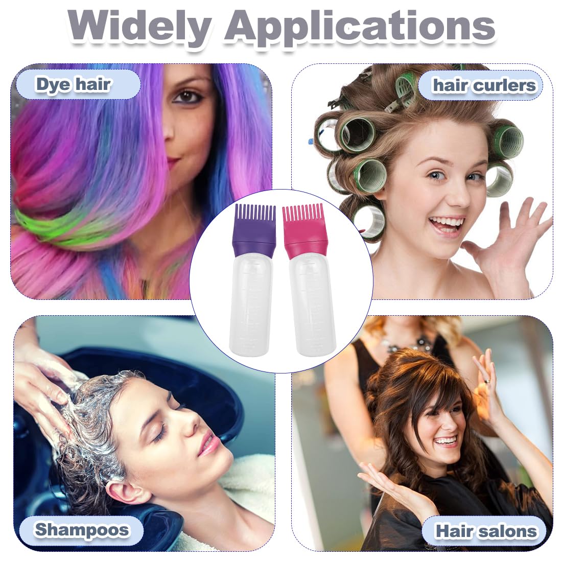 ELANE 4 Pcs Root Comb Applicator Bottle, 6oz, Hair Oil Applicator Bottle for Hair, Dye, Salon, Travel, Camping (Purple+Red)