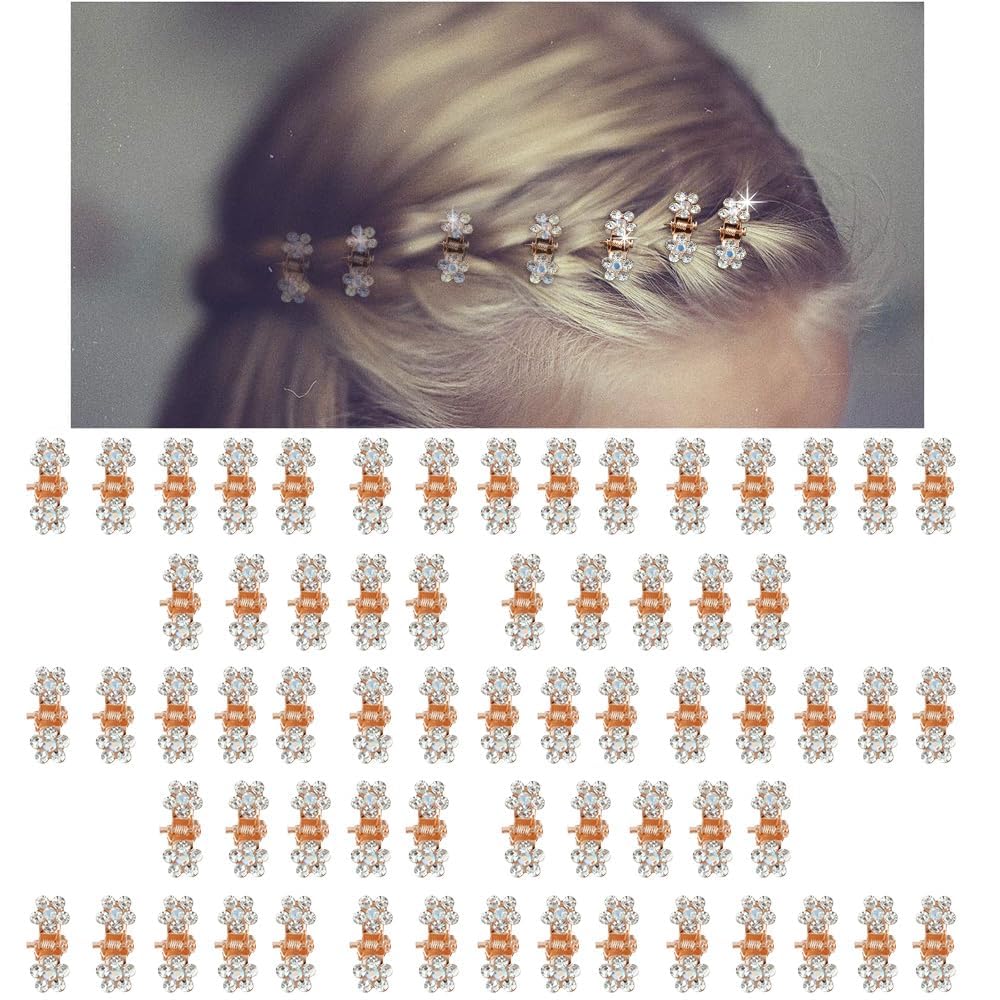 Glitter and Rhinestone Hair Accessories - Mini Claw Clips with No-Slip Grip and Metal Clamps, Assorted Colored Flower Designs for Girls and Women (Rose Gold-White Crystal)