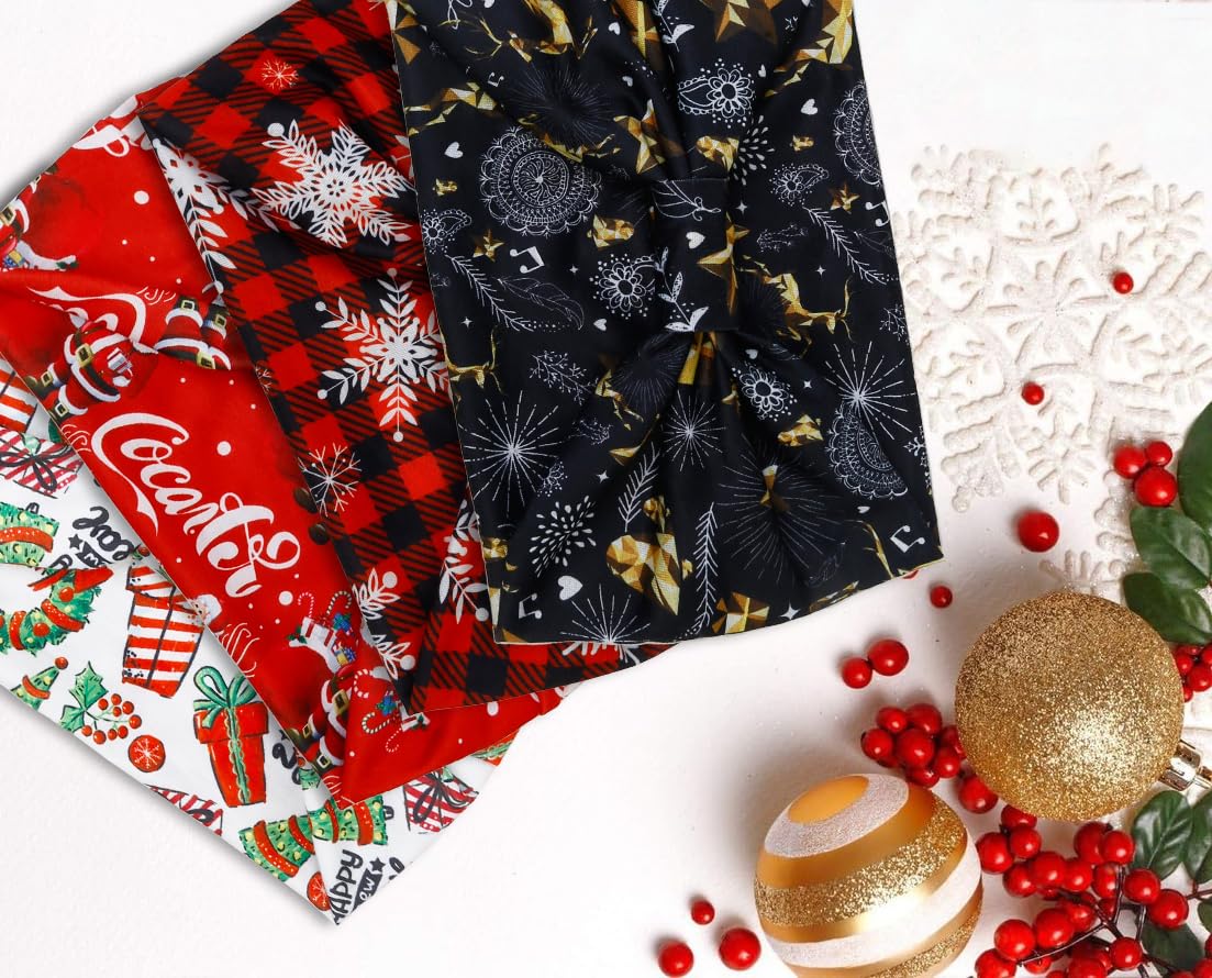 Huachi Christmas Headbands for Women Cute Knotted Head Bands Girls Hair Accessories Red Green Hairbands Fashion Snow Funny Hairwear Holiday Gifts (Pack of 4)