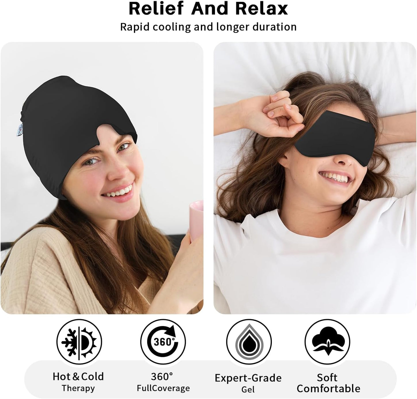Migraine Relief Cap, Headache Relief Cap 2PCS with Gel Cooling Eye Mask, Hot Cold Therapy Ice Cap, Cold Compress for Head Sinus, Puffy Eyes, Tension and Stress Relief