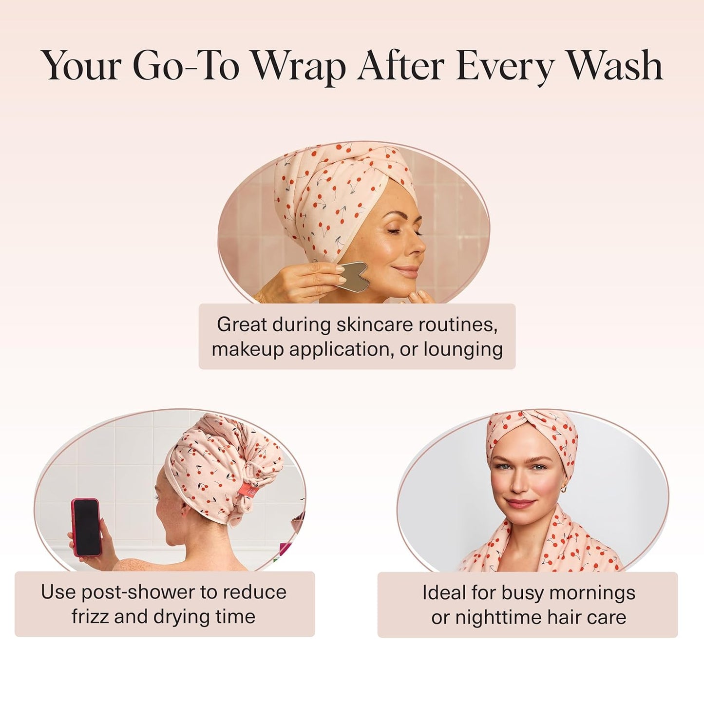 Kitsch XL Microfiber Hair Towel Wrap for Women – Ultra Absorbent Microfiber Towel for Wet, Curly, Long or Short Hair – Quick Dry, Anti-Frizz Hair Wrap – Cherry Print, 40x24 inches