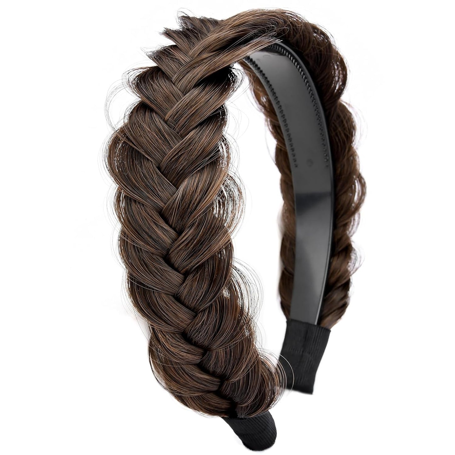 DIGUAN Headband Synthetic Hair Plaited Headband Braid With Teeth Hair Band Accessories for Women Girl Width 1.5 Inch (W-Dark Brown)