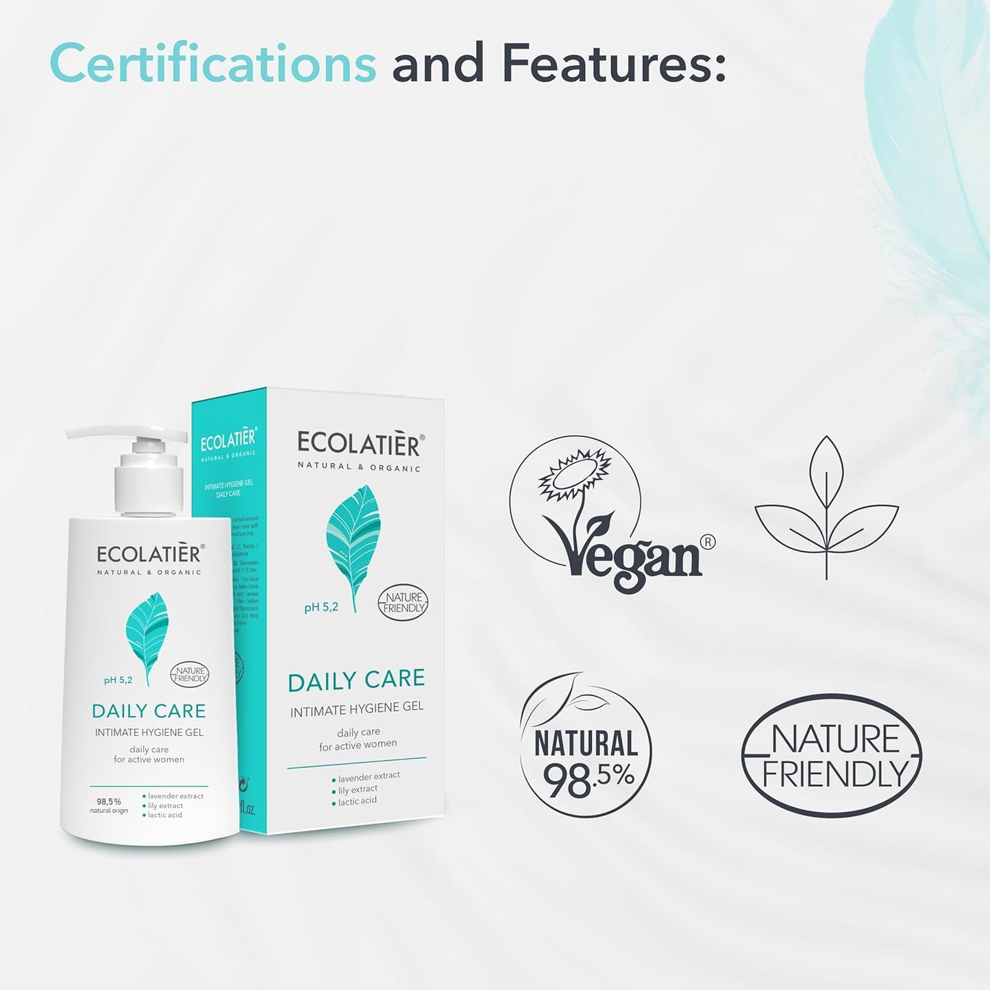 pH Balanced Daily Feminine Wash with Prebiotic for Intimate Care – 97% Natural Ingredients, Vegan Certified, pH 5.2 for Sensitive Skin, Gentle Intimate Feminine Hygiene Wash – Ecolatier, 8.5 Fl Oz