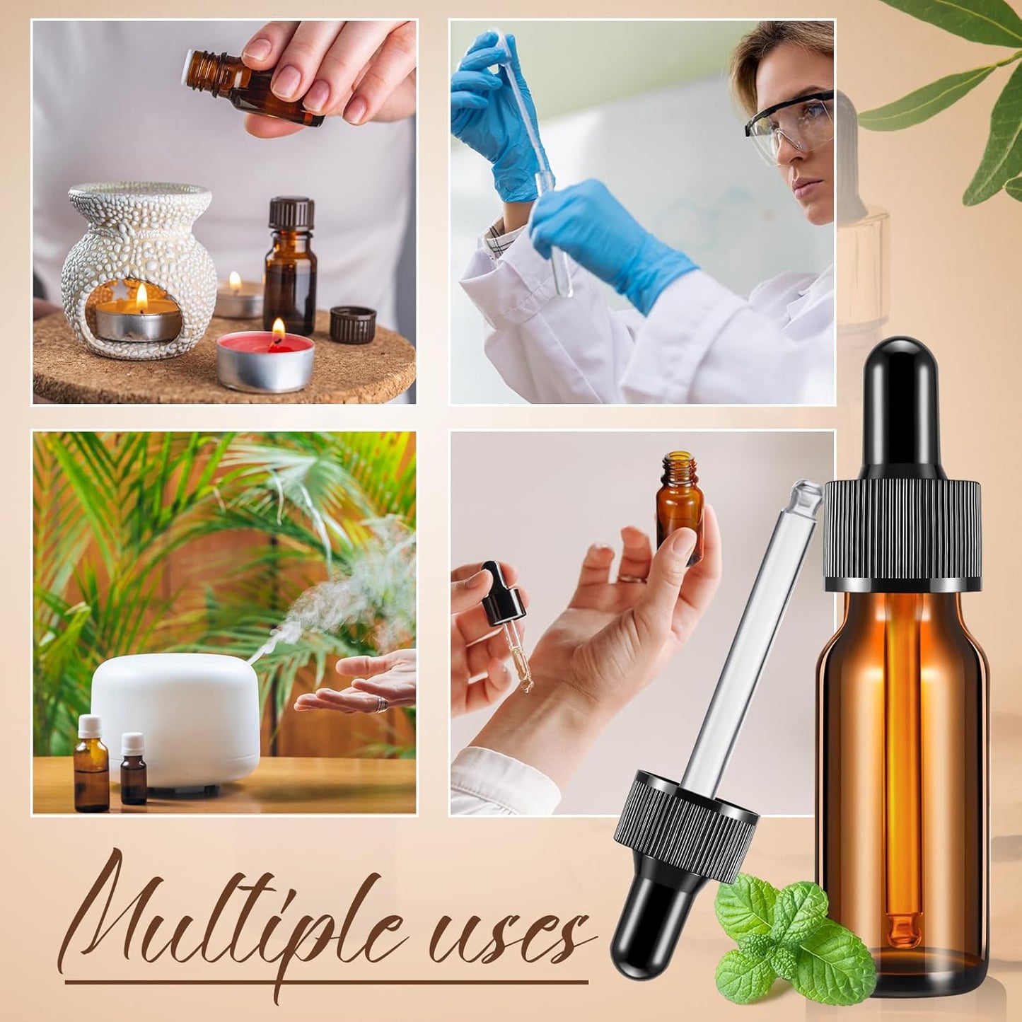 Lallisa 100 Pack Essential Oil Dropper Bottle 15 ml (1/2 oz) Glass Dropper Bottles DIY for DIY Essential Oil Perfume with 5 Funnels 5 Pipettes 3ml 100 Labels for Bathrooms, Hotels, Labs (Amber)