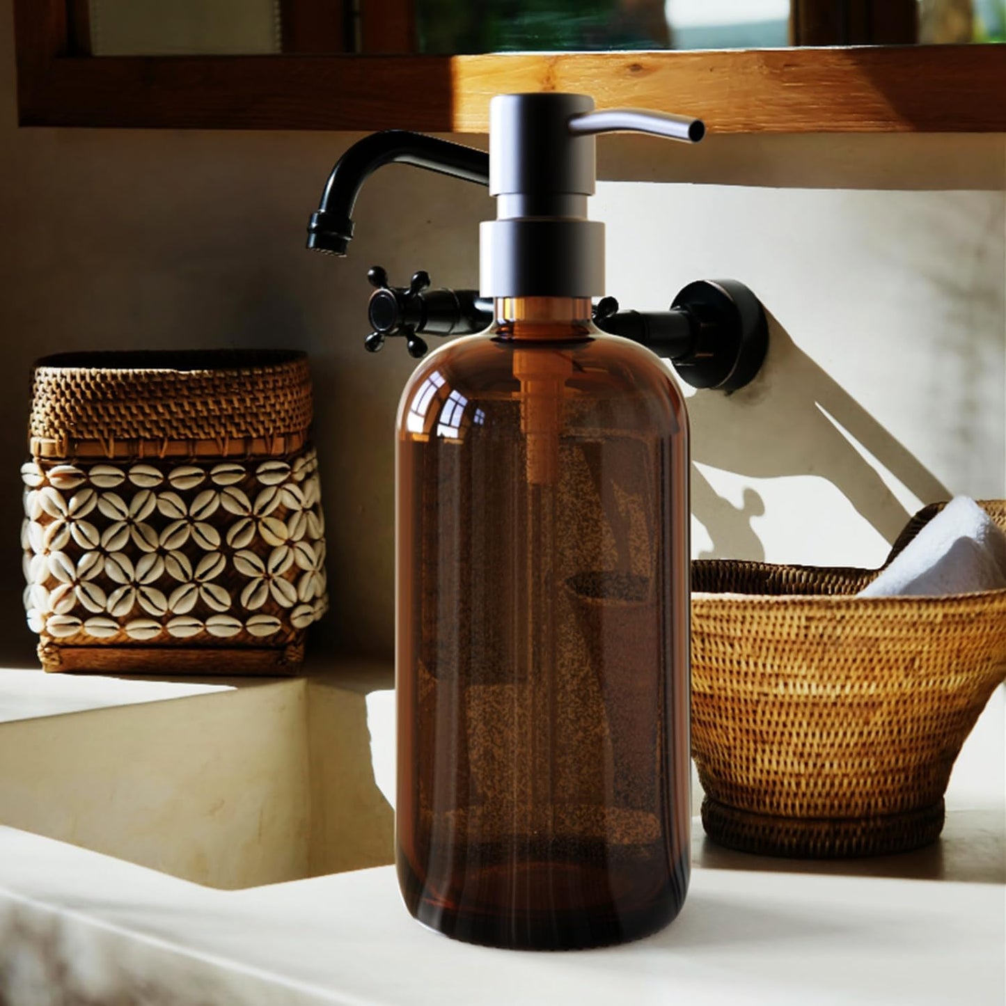 16oz Empty Stainless Steel Pump Bottles Dispenser 2 Pack Amber Refillable Pump Bottle for Shampoo, Liquid Soap, Massage Oil