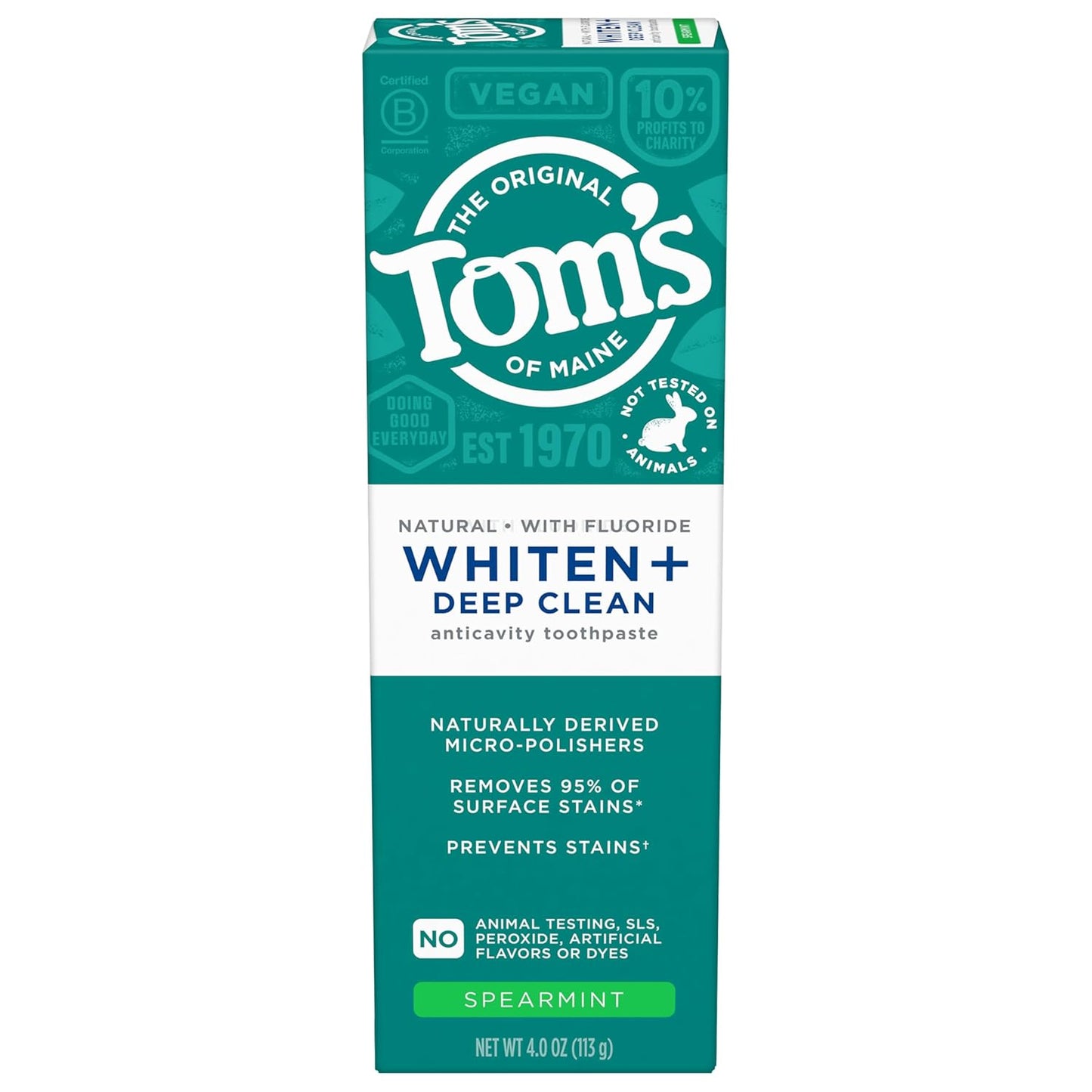Tom's of Maine Whiten Plus Deep Clean Whitening Toothpaste, Natural Whitening Toothpaste with Plant-Based Cleansers, Enamel Safe Formula, Whitens Without Causing Sensitivity, Spearmint, 4.0 Oz