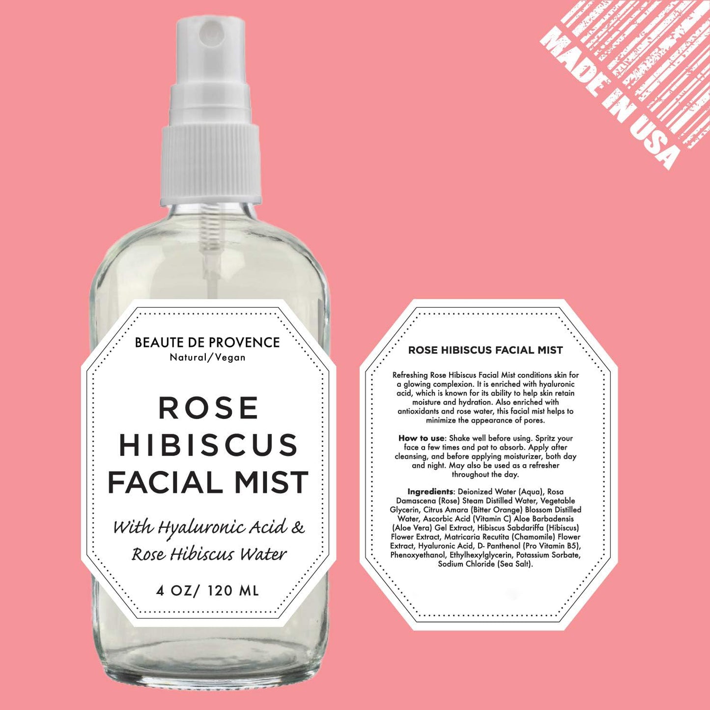 BEAUTE DE PROVENCE Rose Water Spray for Face & Body Refreshment with Moisturizing Hyaluronic Acid and Hibiscus water | Instant Hydration, Cooling, Calming & Conditioning (8 FL OZ)