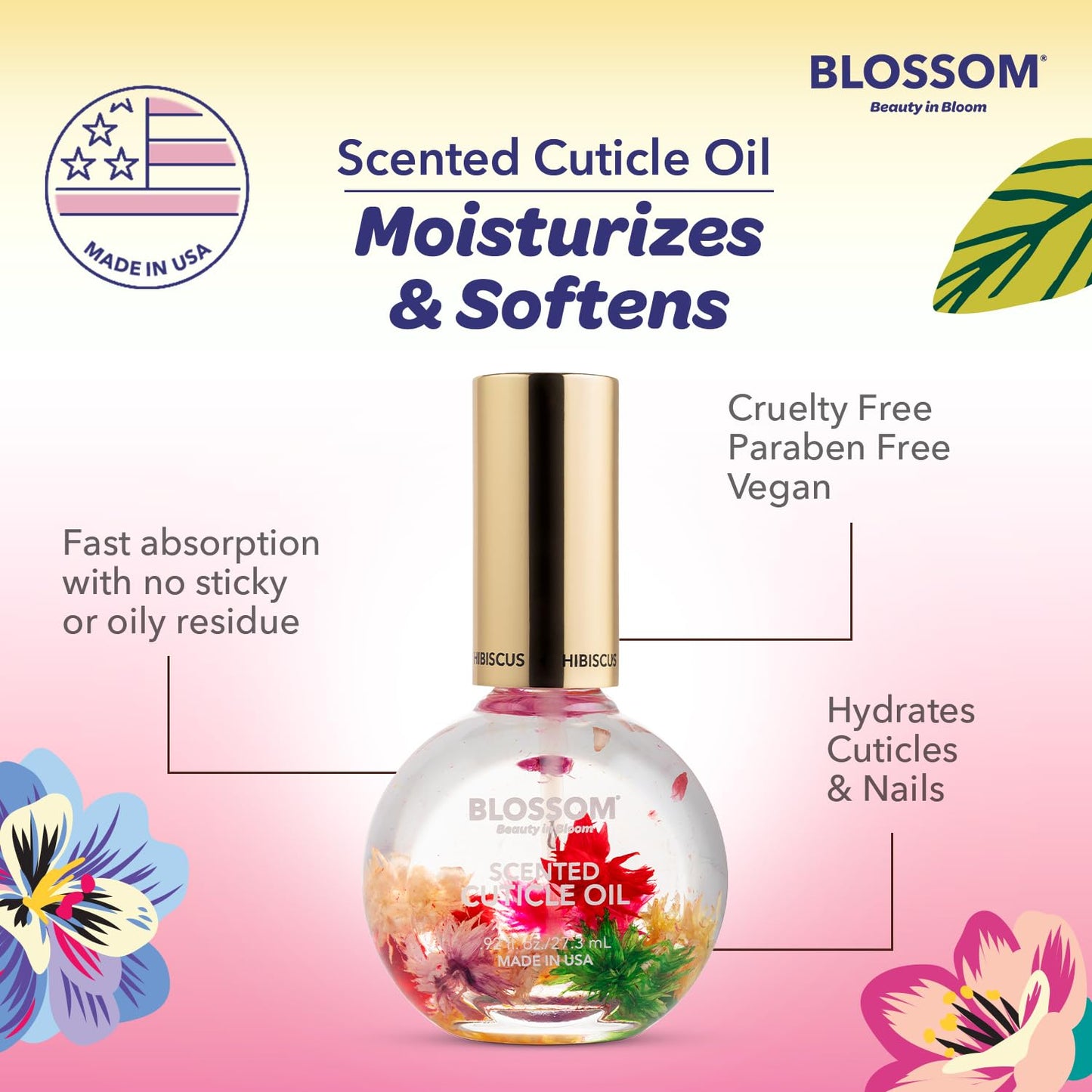 Blossom Cuticle Oil for Nails, Hydrating, Moisturizing, Scented Nail Oil Cuticle Care, Infused with Real Flowers, Made in USA, 0.92 fl. oz, Hibiscus