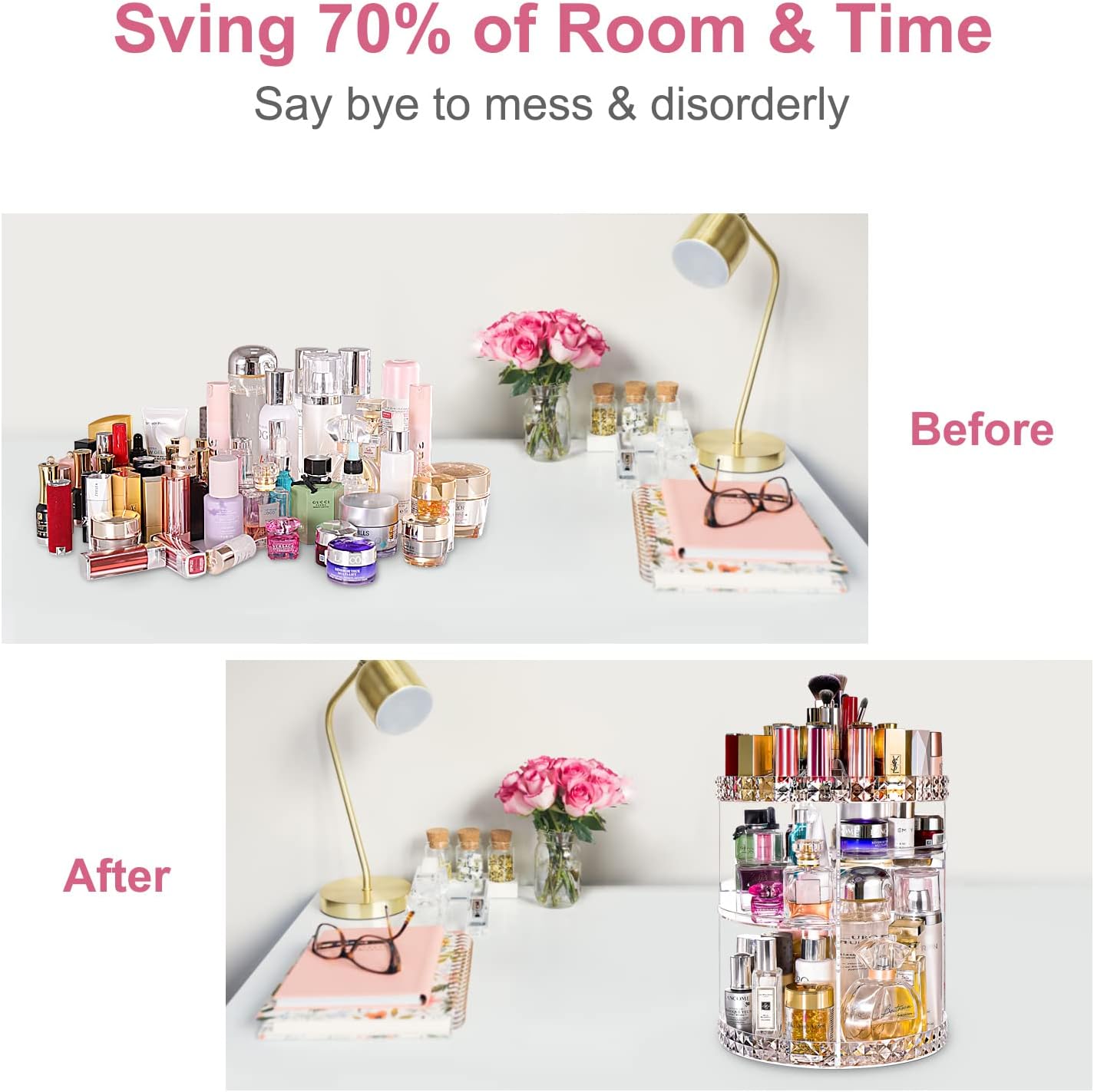 V-HANVER Makeup Organizer Combo - 360° Rotating Makeup Organizer with 7 Adjustable Layers Acrylic Skincare Organizer Large Cosmetic Display Case Clear Perfume Organizer with Makeup Palette Organizer