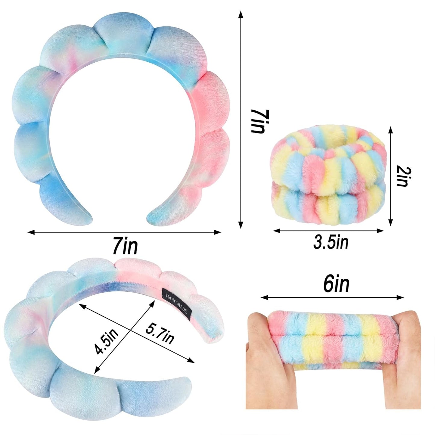 Zkptops Spa Headband for Washing Face Wristband Set Sponge Makeup Skincare Velvet Fabric Bubble Soft Get Ready Hairbands for Women Puffy Headwear Non Slip Thick Thin Hair Accessory (Pink Tie Dye)