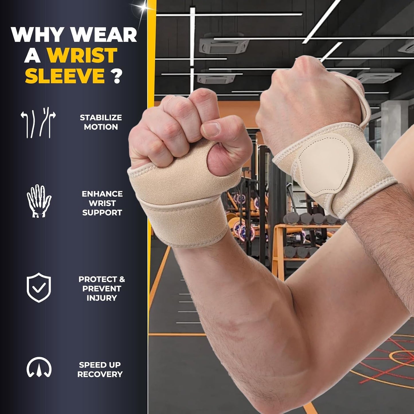 NeoTech Care Wrist Band - Elastic & Breathable Fabric - Adjustable Compression Strap - Men, Women, Right or Left - Support Wrap for Protection or Sports (Beige Color, Size L, 1 Pair)