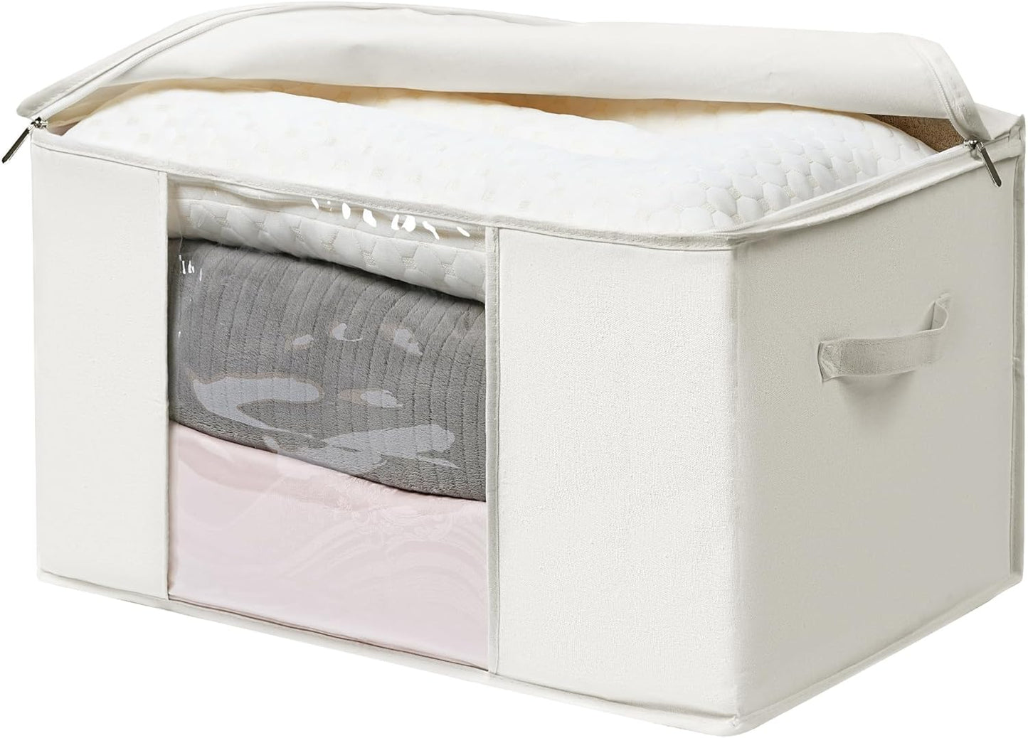 TYEERS Large Storage Bags with Zipper and Clear Window, Cotton Blended Fabric Storage Containers for Seasonal Clothes and Bedding, 23.6x15.7x13.8 Inches, 4-Pack, Beige