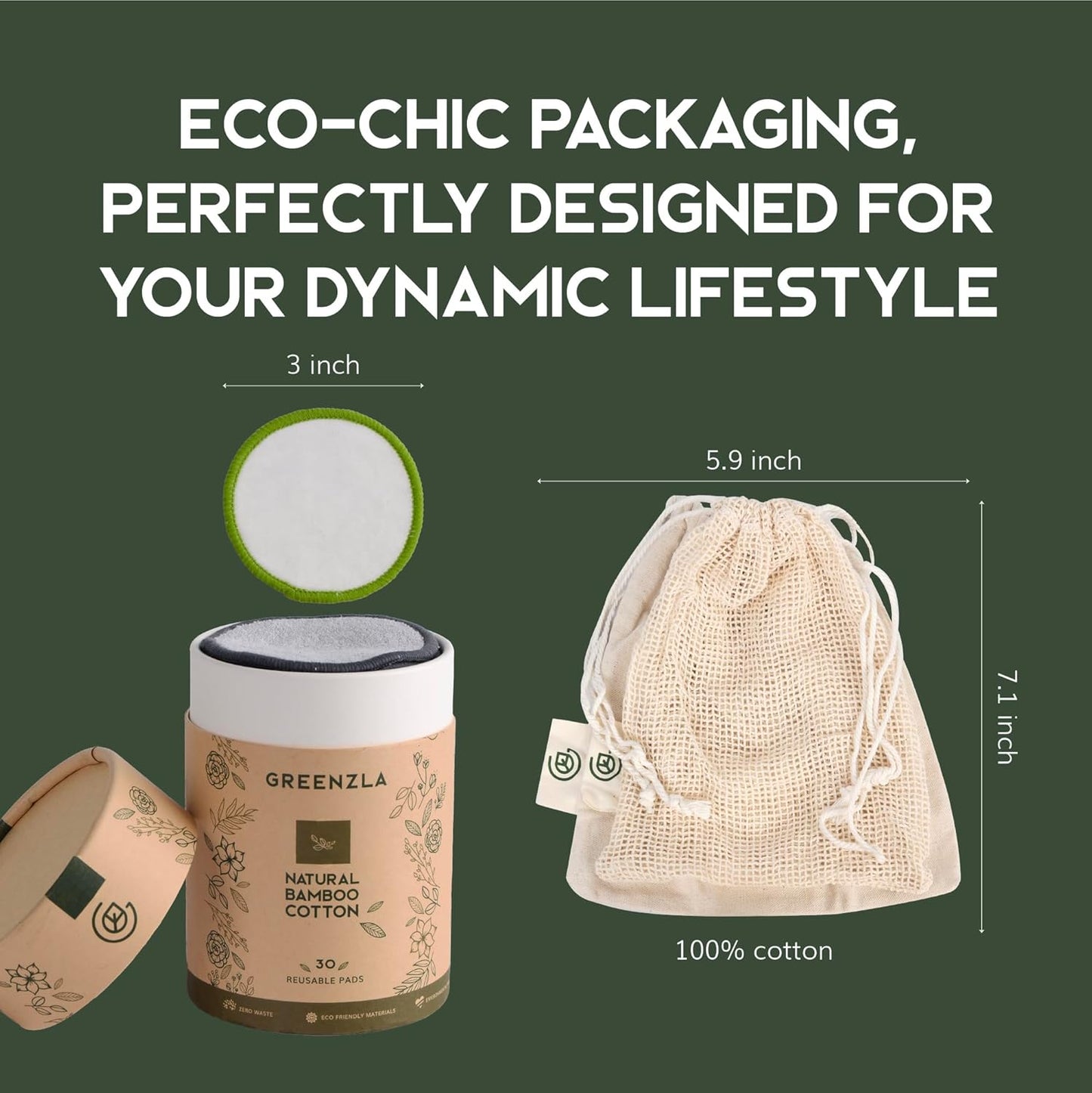 Greenzla Reusable Makeup Remover Pads, Washable Bamboo Cotton Rounds with Mesh Laundry Bag, Travel Pouch, Pad Holder - Reusable Cotton Rounds for All Skin Types - Perfect for Face Care, 30 Pack