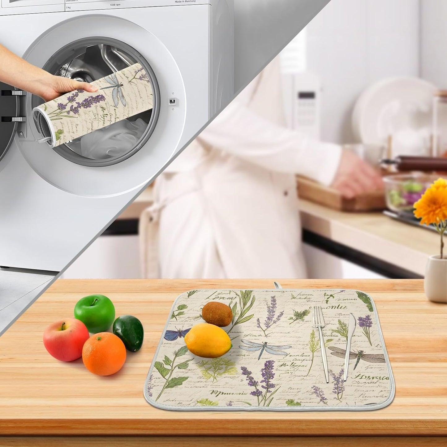 Handwritten Dragonfly Butterfly Dish Drying Mats for Kitchen Counter Absorbent Microfiber Dish Drying Matt 16 x 18 Inch Draining Reusable Rack Pad
