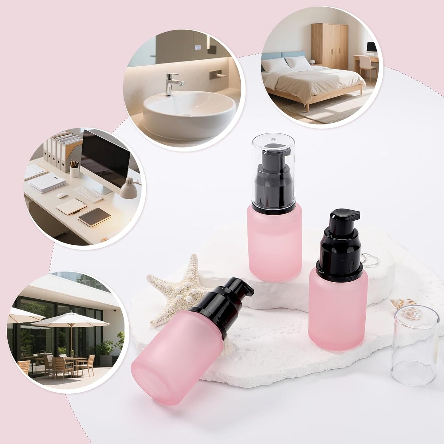 Segbeauty 1oz Frosted Glass Travel Bottles for Toiletries, Pack of 3 Refillable Travel Lotion Bottle, Pink Makeup Pump Dispenser Cream Lotion Containers, 30ml Leak Proof Cosmetic Bottles for Women