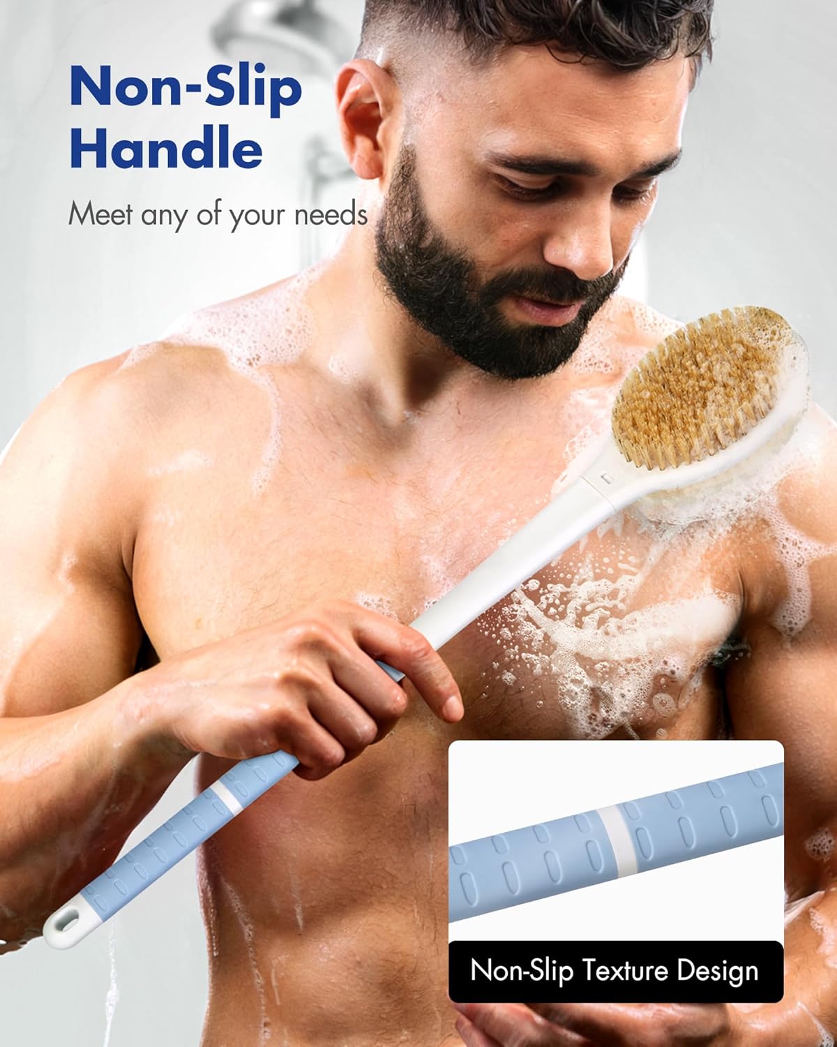 Back Scrubber Body Shower Brush: 20.5‘’ Extra Long Anti Slip Handle Bath Brush with Stiff and Soft Bristles - Showering Exfoliator Wet or Dry Brushing for Women, Men, Elderly (Blue)