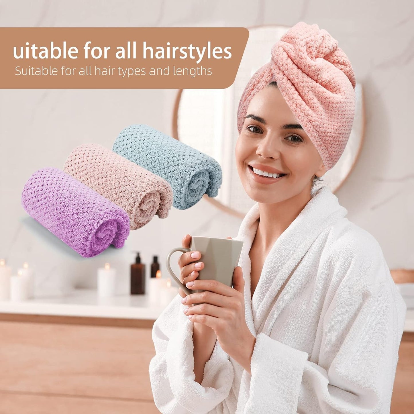 3 PCS Microfiber Hair Towel, Hair Wraps for Women Wet Hair, Fast Drying Hair Turban, Anti Frizz Head Towels Wrap for Curly Hair (Purple, Pink, Blue)