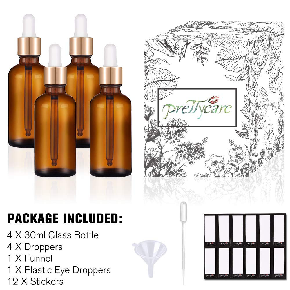 PrettyCare 4 Pack 1oz Dropper Bottle for Essential Oils, 30 ml Amber Glass Essential Oils Bottles with Labels, Funnels- Empty Leak Proof Tincture Bottles for Comestic & Beauty