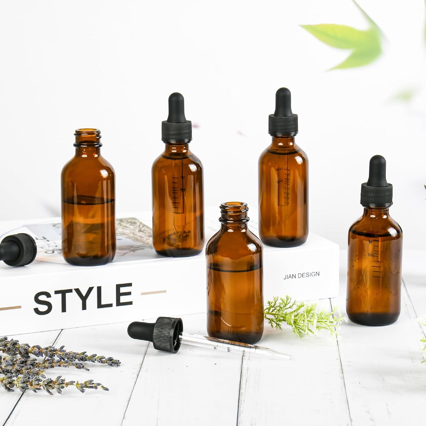 BILLIONSTARS 24 Pack 2oz Glass Boston Round Bottle with Graduated Calibrated Glass Pipettes - Amber - Tincture Bottles for Essential Oils, Liquids - Leakproof Travel Bottles