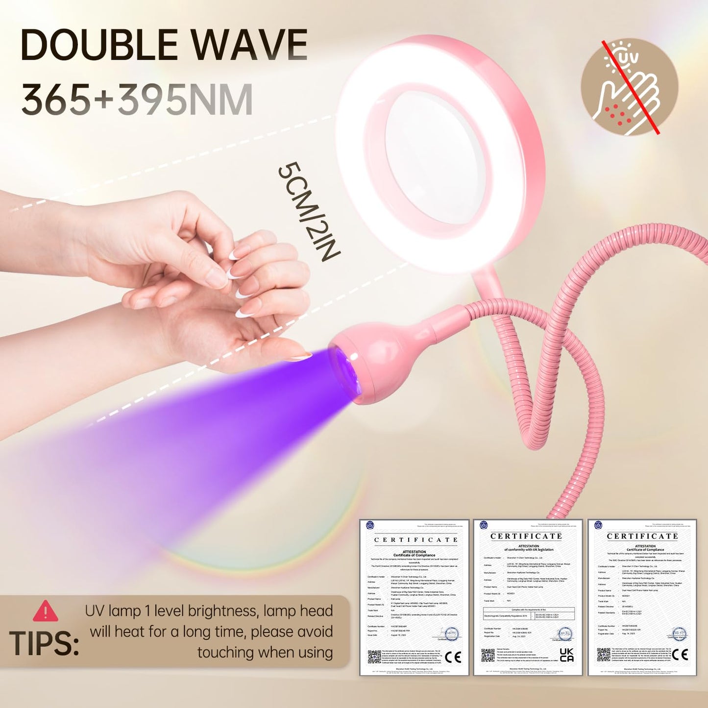AORAEM LED UV Nail Lamp: Double-Headed Gooseneck U V Lamp for Gel Nails, LED Flash Cure Light with 6X Magnifier Home DIY Salon, Pink