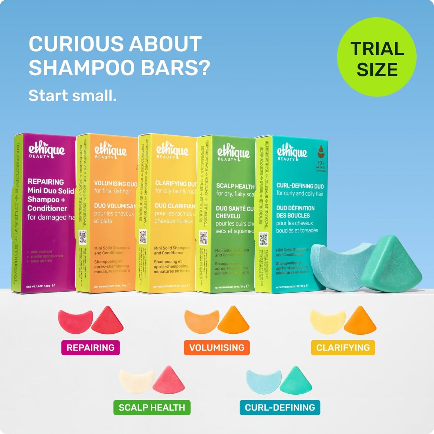 Ethique Beauty Mini Sampler Solid Shampoo & Conditioner Bar Set - Volumizing Shampoo & Conditioner with Biotin & Caffeine