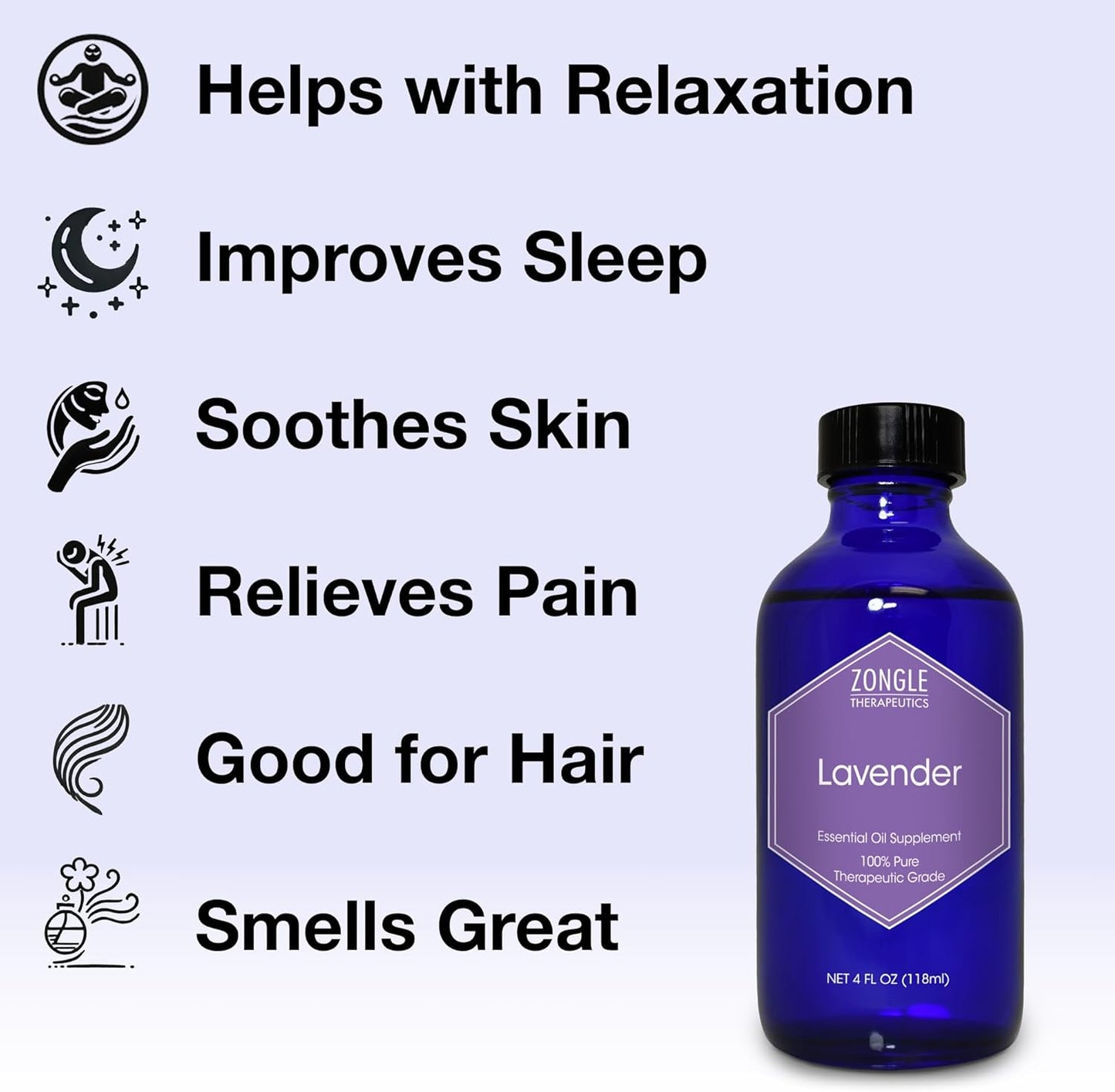 Lavender Essential Oil, Food Grade, for Drinks, Skin, Hair – 100% Pure, Lavender Oil, by Zongle Therapeutics, 4 OZ