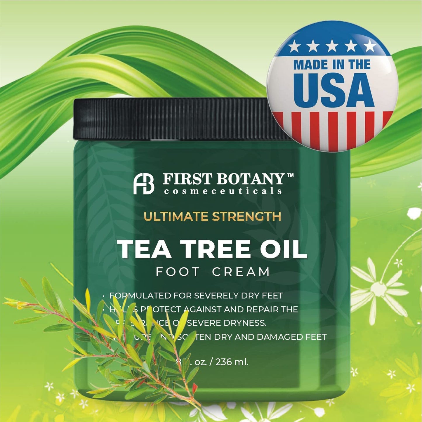 First Botany, Athletes Foot Cream with Tea Tree Oil, Aloe & Spearmint - Hydrates, Softens & Conditions Dry Cracked Feet, Heel and Calluses- Helps Soothe Irritated Skin - 8 oz