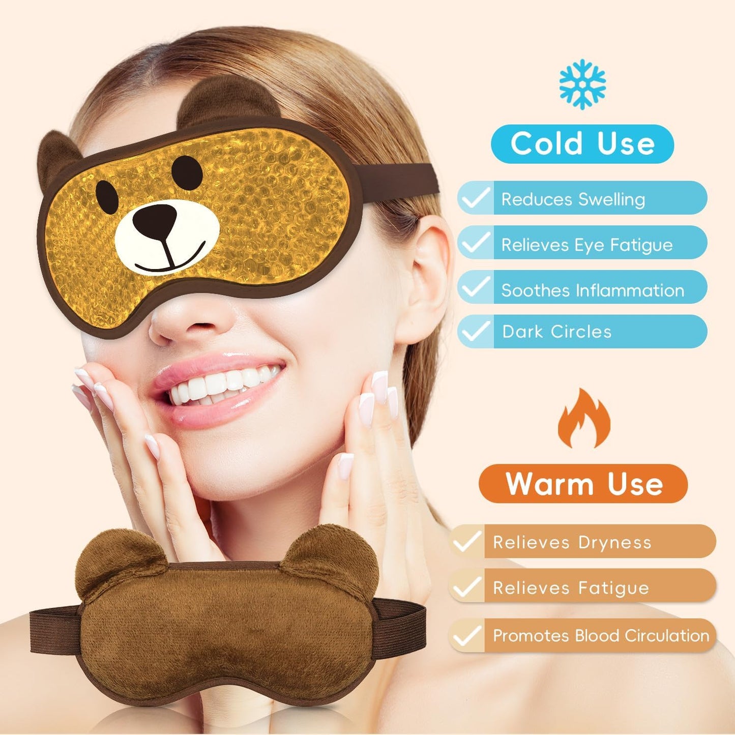 Cooling Eye Mask and Sleep Mask Eye Cover Girls Boys Birthday Cute Teens Woman, Cold Warm Eye Compress for Dry Eyes Spa at Home Travel Plush Blindfold Sleeping Unicorn Bear Cat Brown
