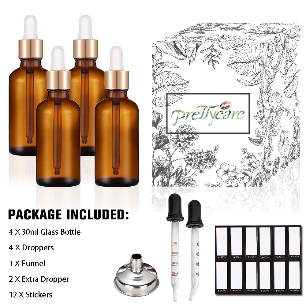 PrettyCare Set of 4, 1 oz Dropper Bottles with Golden Caps, Labels, Funnel & 2 Extra Dropper - 30 ml Thick Dark Amber Glass Empty Tincture Bottles for Personal Care & Beauty