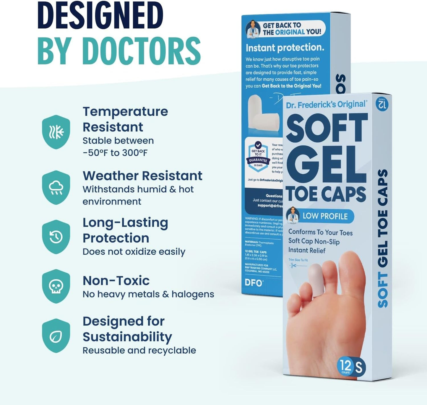 Dr. Frederick's Original Gel Toe Protectors for Men & Women - 12 ct - Toe Caps for Foot Pain Relief - Flexible Cushions for Ingrown Toenails, Corns, Calluses, Blisters, and Comfort - White - Small