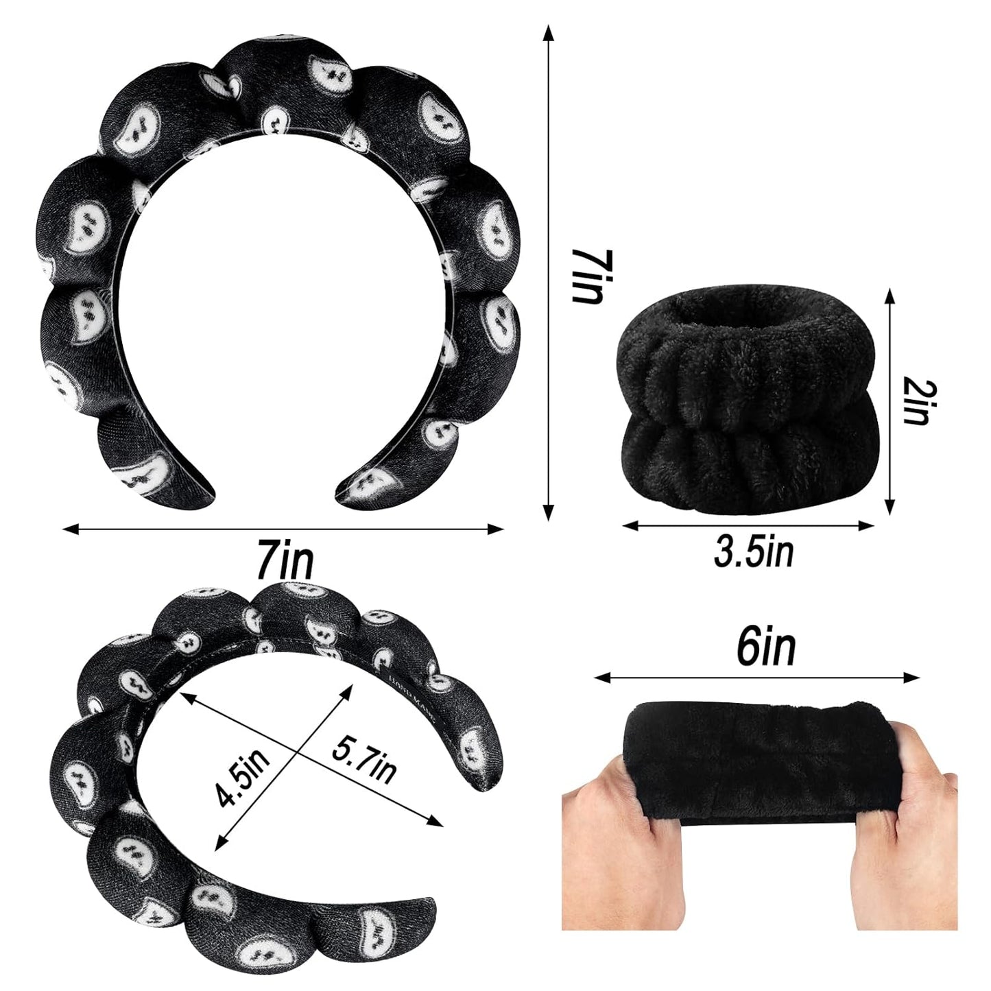Zkptops Spa Headband for Washing Face Wristband Set Sponge Makeup SkincareVelvet Fabric Bubble Soft Get Ready Hairbands for Women Puffy Headwear Non Slip Thick Thin Hair Accessory (Black Nuts)
