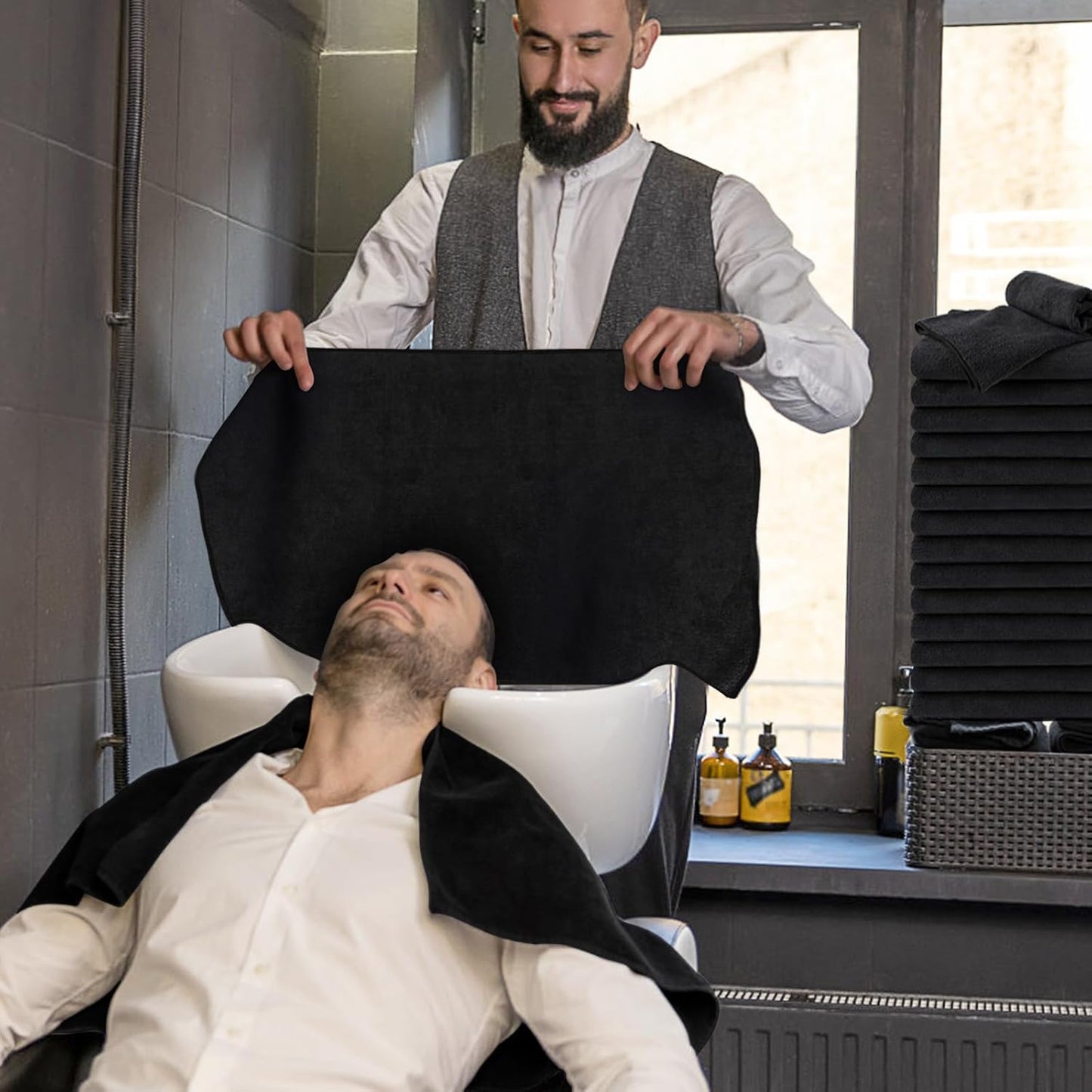 Salon Towels 24 Pack, Microfiber Barber Towels Bulk, (16x29 inches) Hair-Drying Cloth Super Soft Black Hand Cloth for Gym, Bath, Spa Use and Home Beauty Care(Not Bleach Proof)