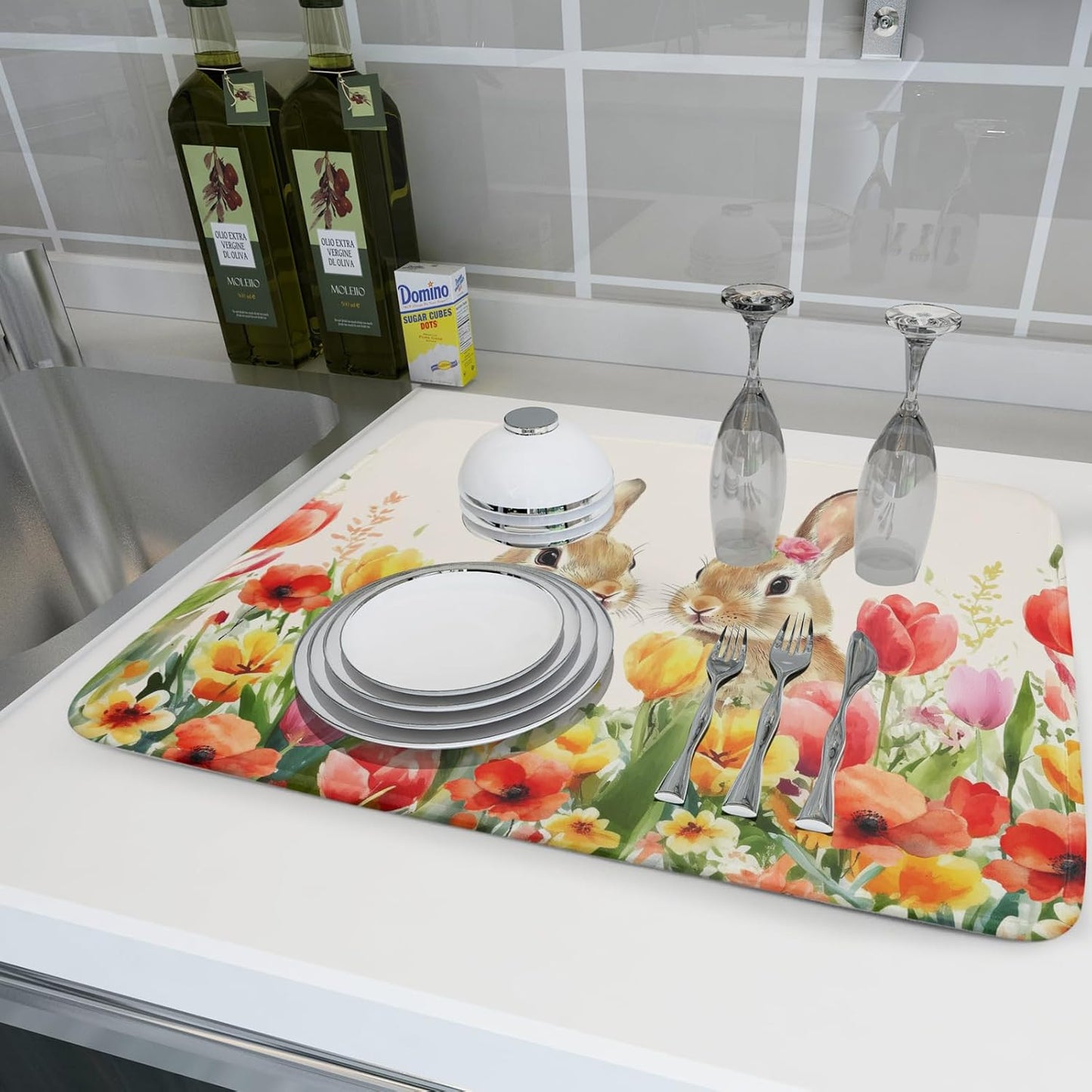 Easter Bunny Dish Drying Mat 18x24 inch Spring Floral Drying Pad Holiday Absorbent Microfiber Dishes Drainer Protector for Kitchen Counter
