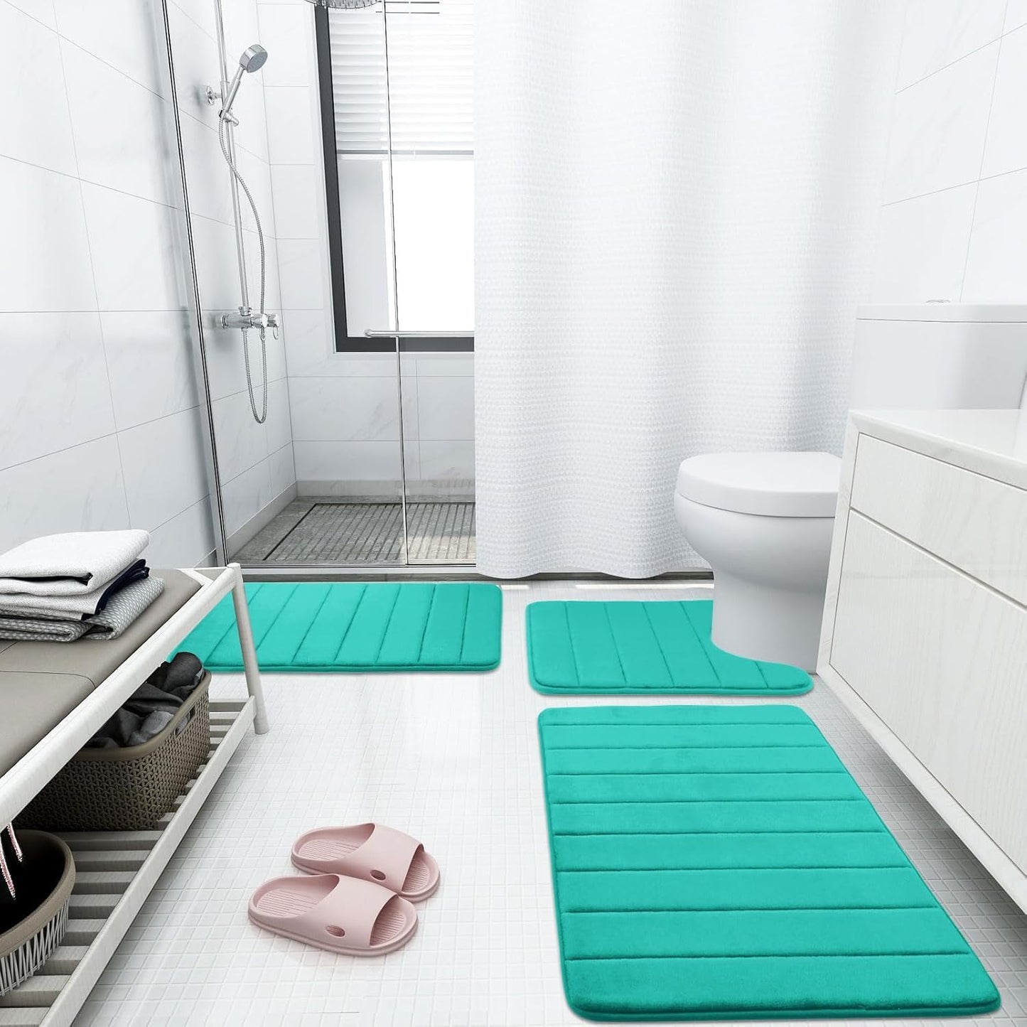 Buganda Memory Foam Bath Mat, 59" x 17", Ultra Soft and Non-Slip Bathroom Rugs, Water Absorbent and Machine Washable Bath Rug Runner for Bathroom, Shower, and Tub, Teal