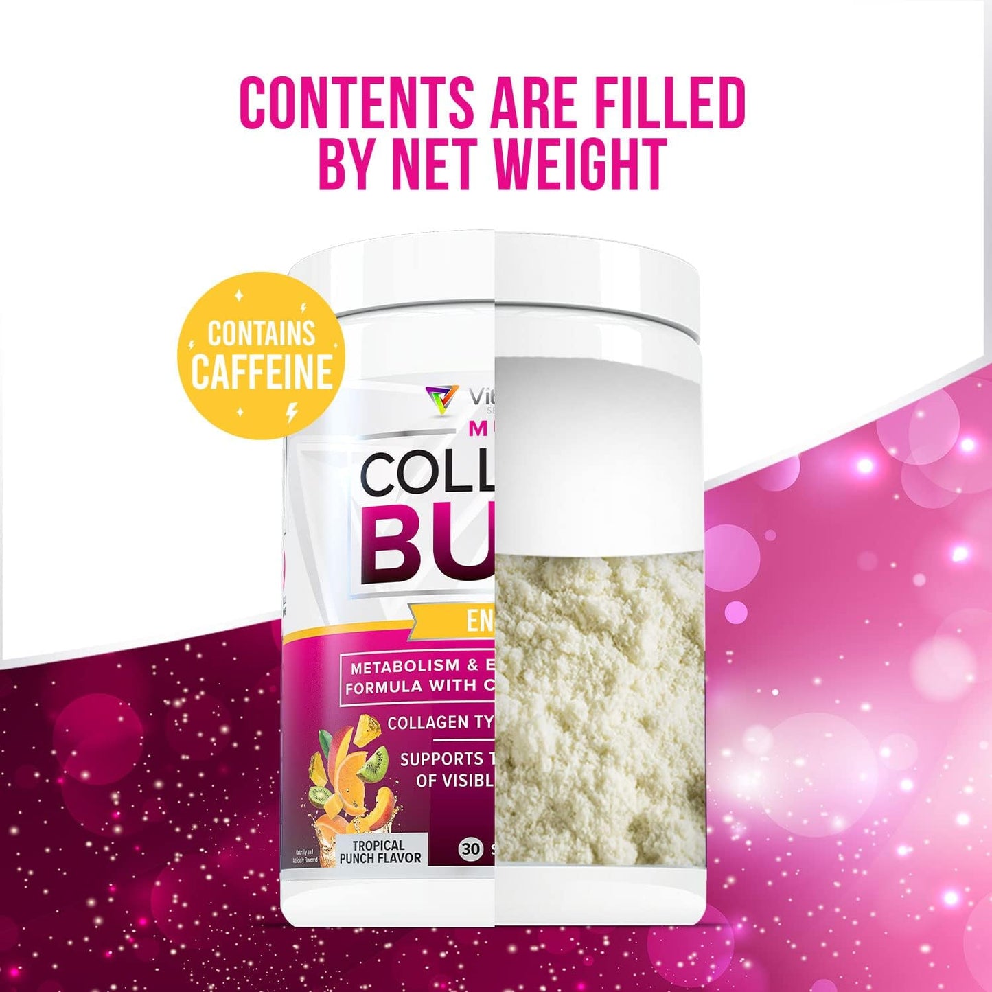 Multi Collagen Burn: MultiType Hydrolyzed Protein Peptides with Hyaluronic Acid, Vitamin C, SOD B Dimpless, Types I, II, III, V and X, with Caffeine 30 Servings Tropical Punch Flavored