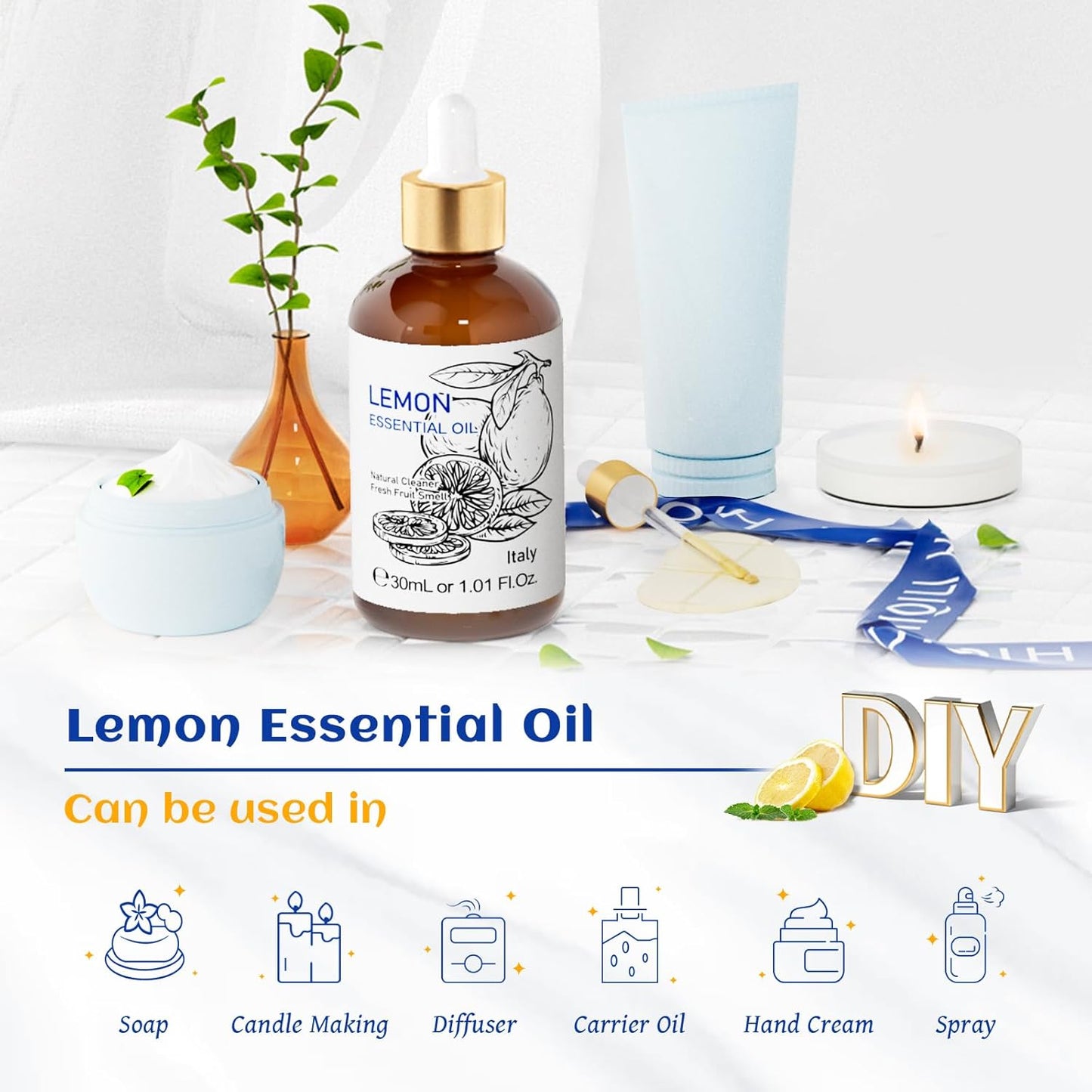 HIQILI Lemon Essential Oil, 100% Pure Undiluted for Cleaning, Skin, Diffuser - 1 Fl Oz/30ML